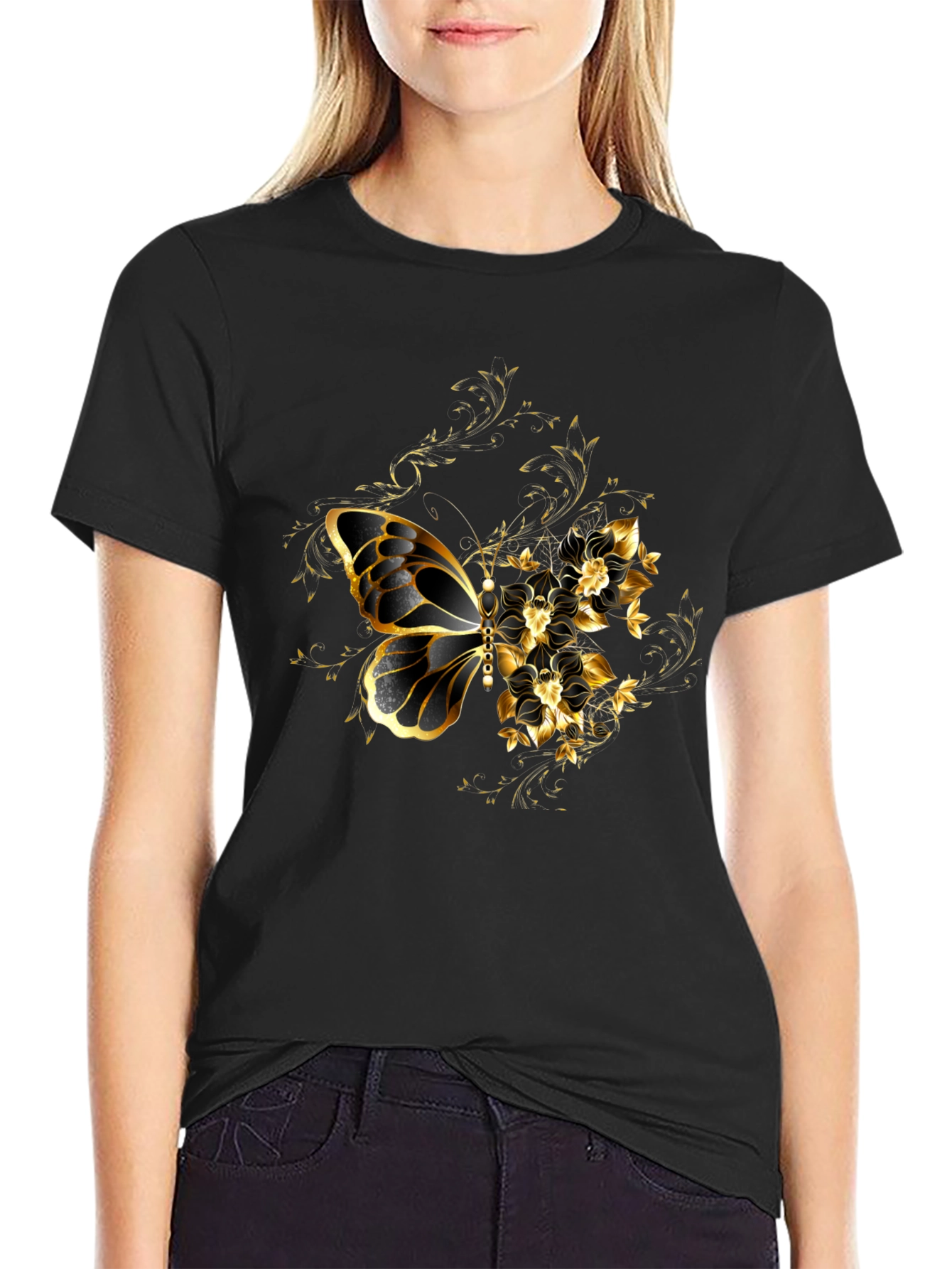 Black T-Shirt with Gold Butterfly & Floral Design