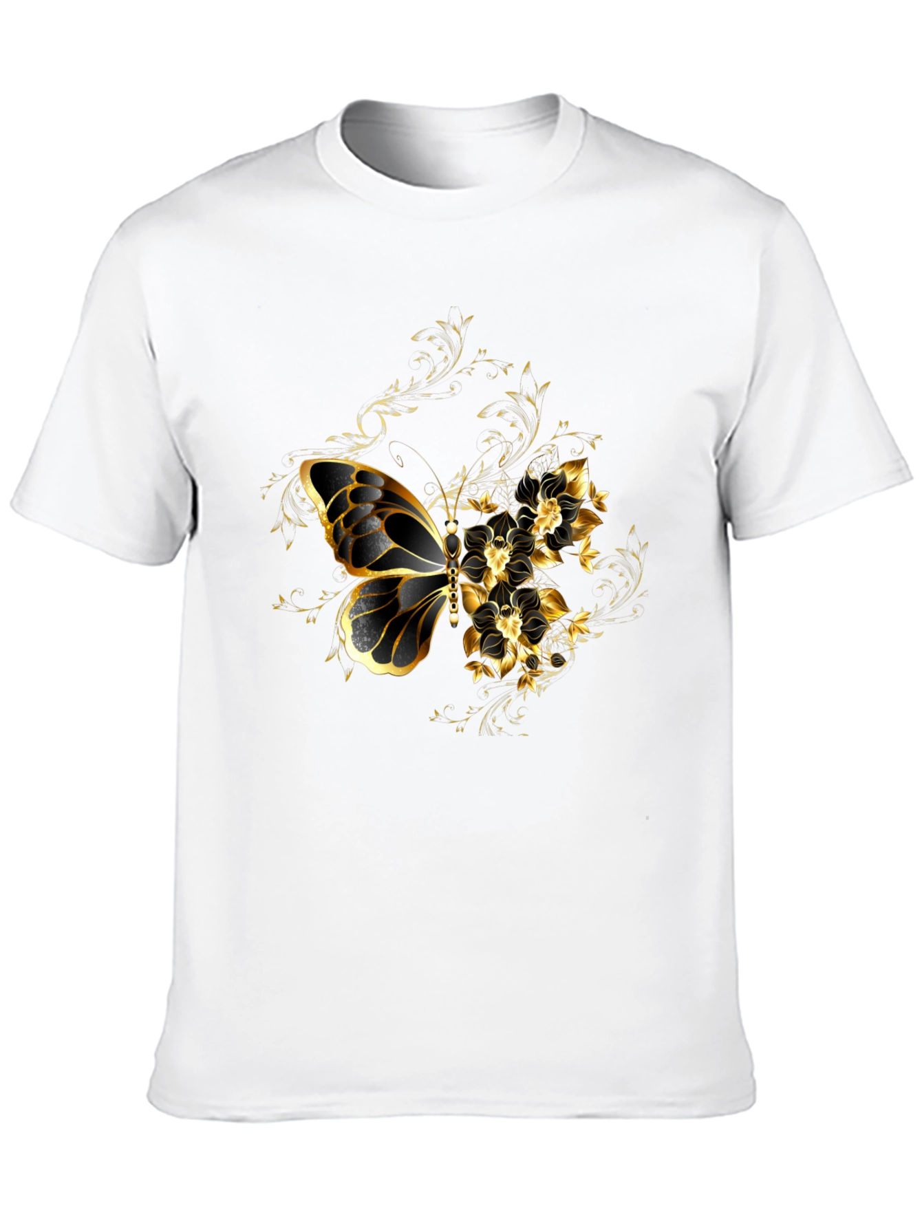 Black T-Shirt with Gold Butterfly & Floral Design