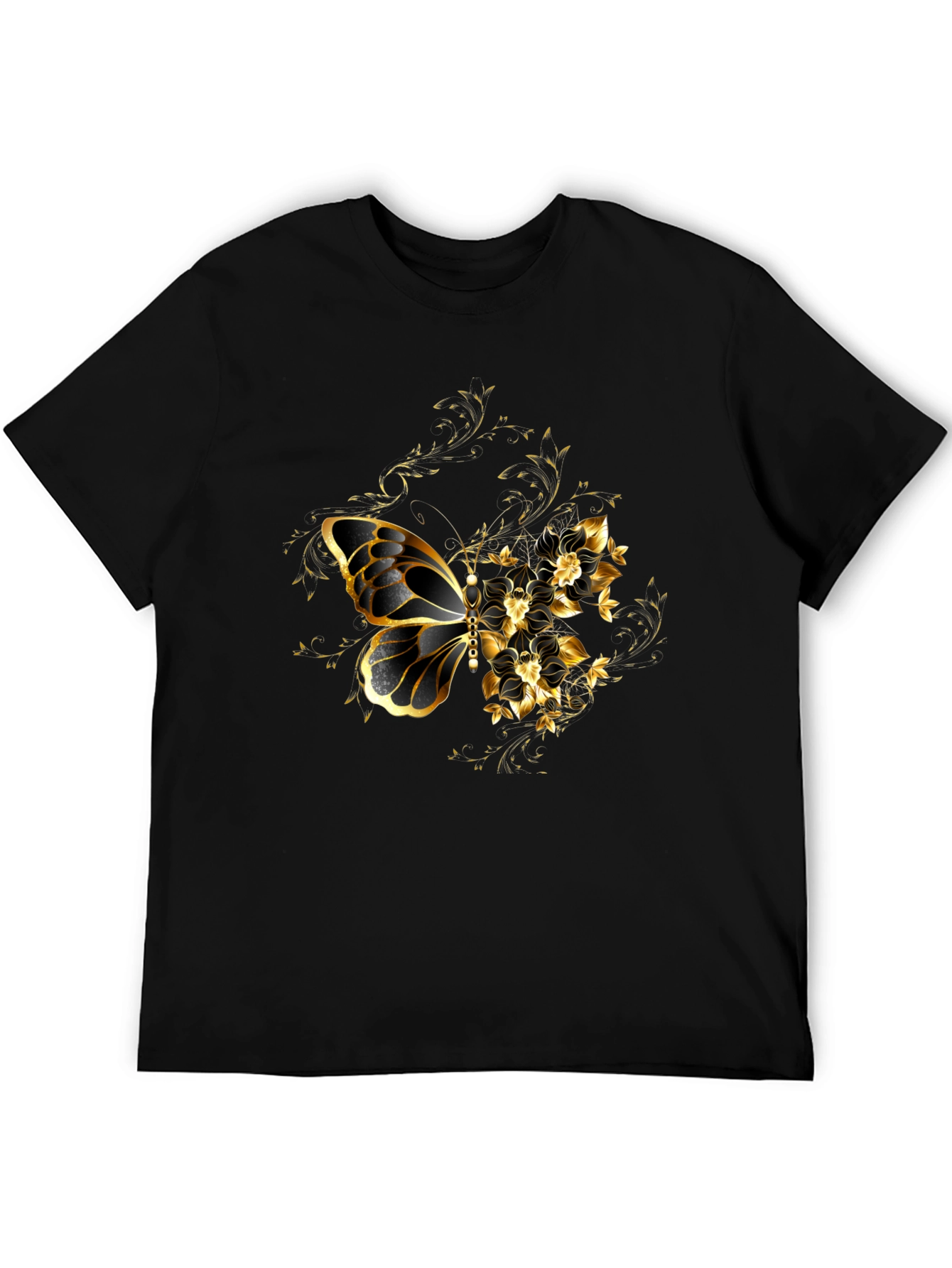 Black T-Shirt with Gold Butterfly & Floral Design