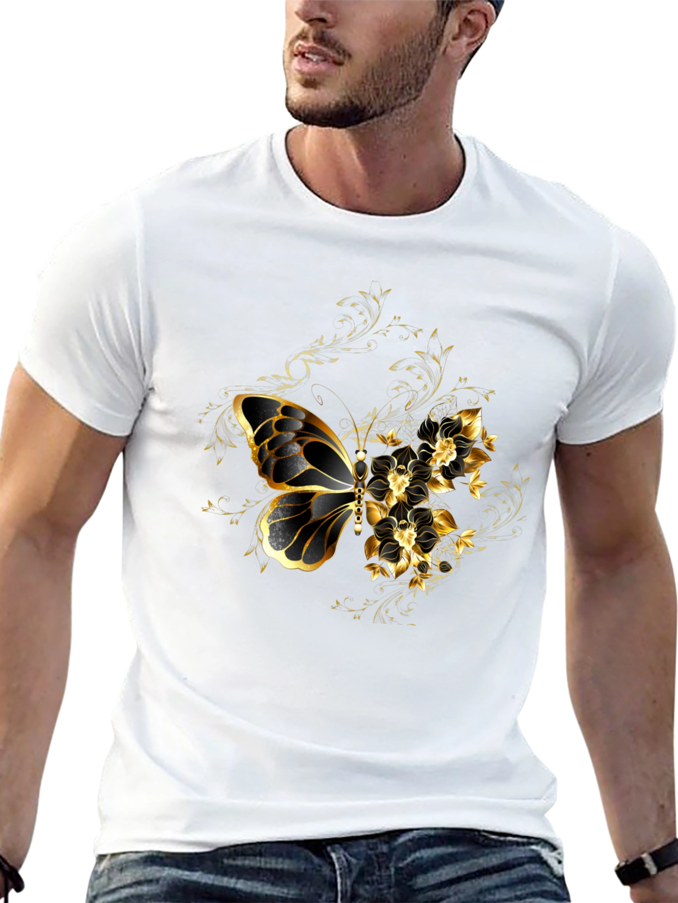 Black T-Shirt with Gold Butterfly & Floral Design
