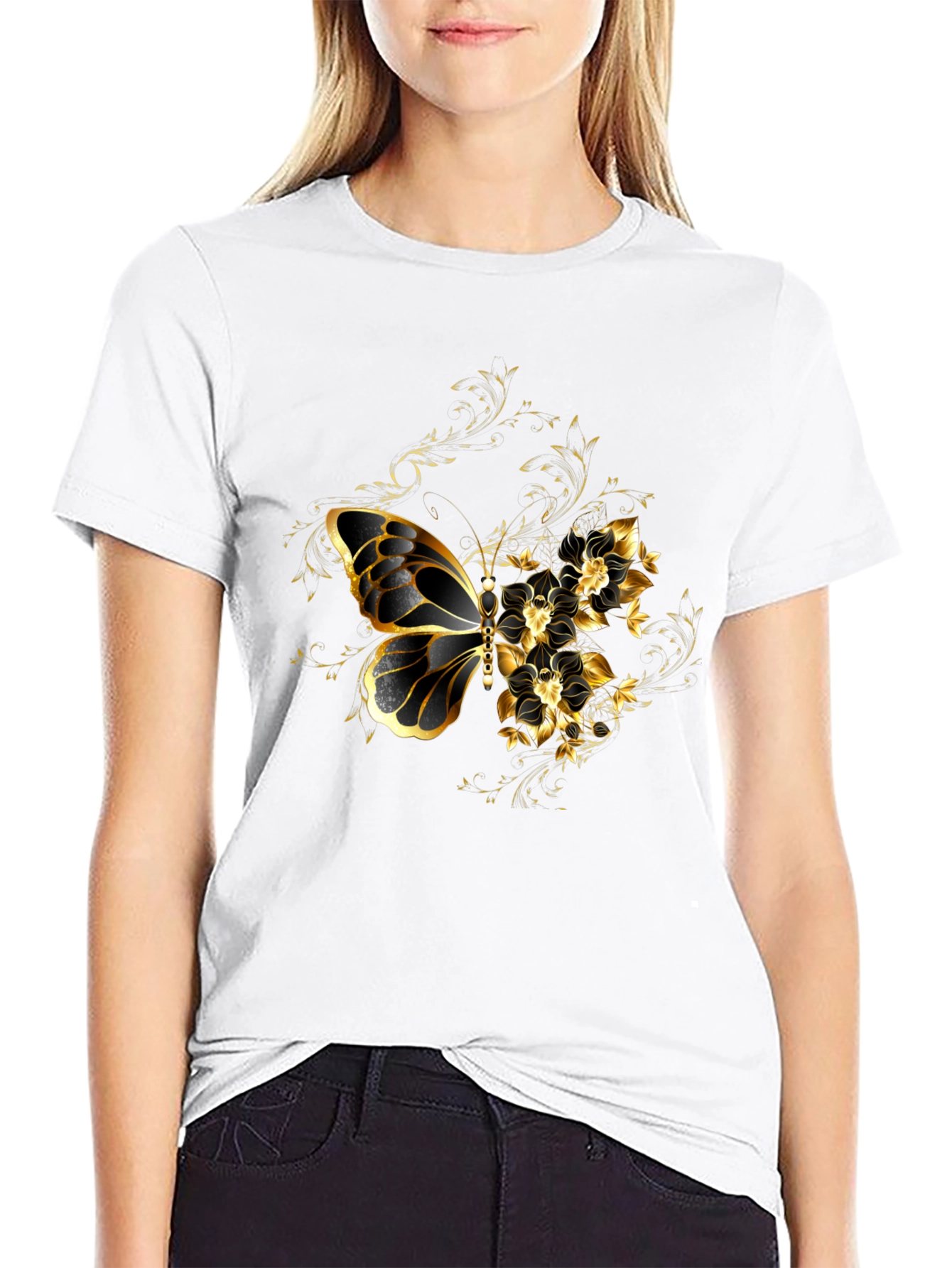 Black T-Shirt with Gold Butterfly & Floral Design