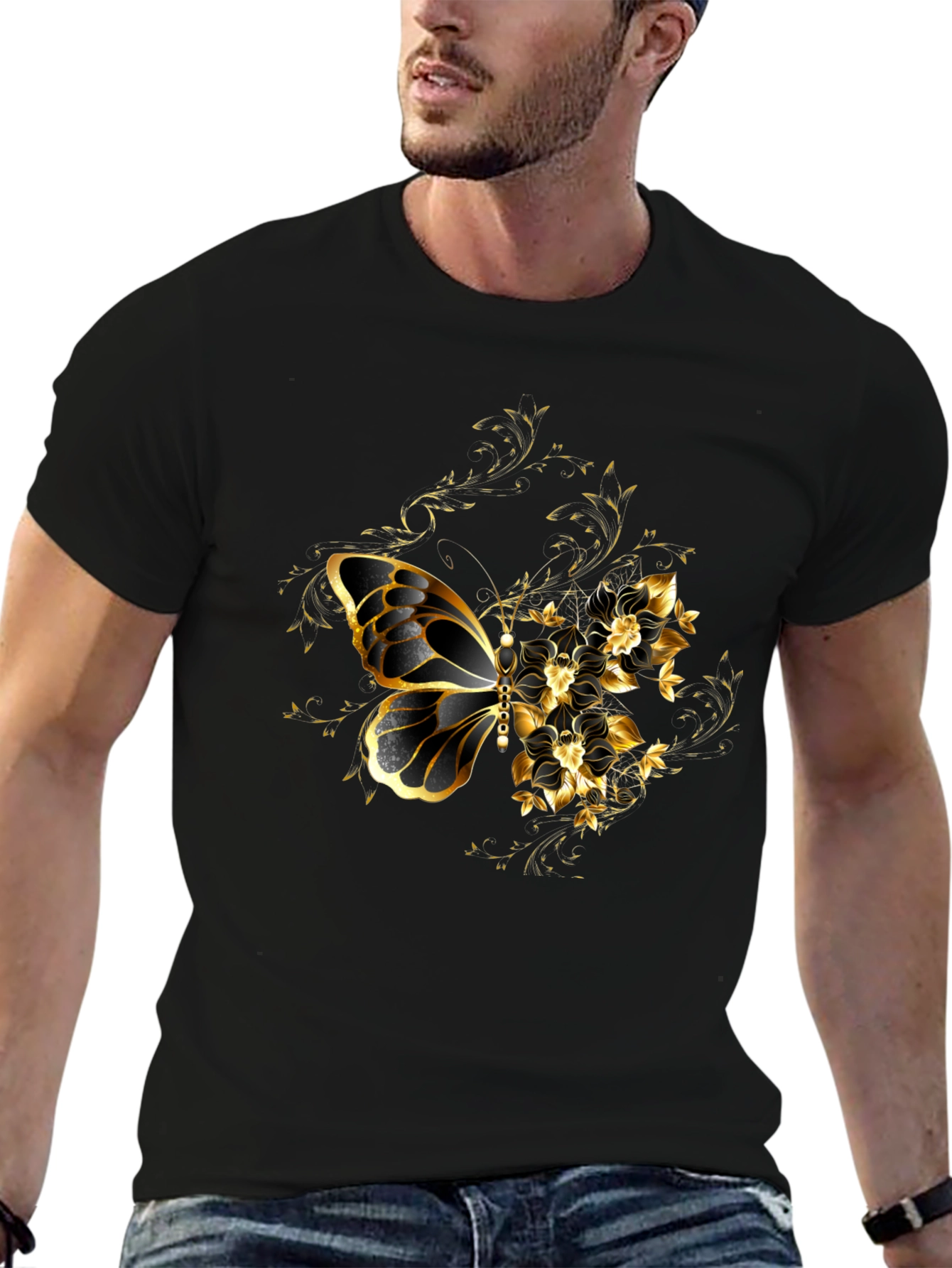 Black T-Shirt with Gold Butterfly & Floral Design