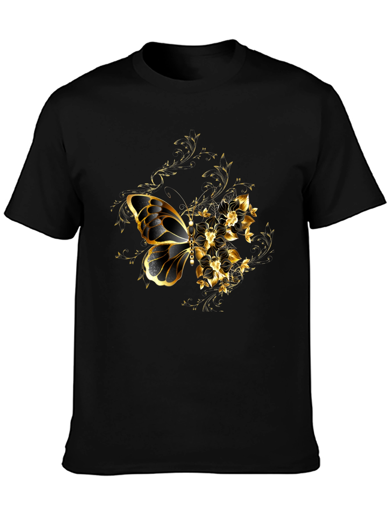 Black T-Shirt with Gold Butterfly & Floral Design