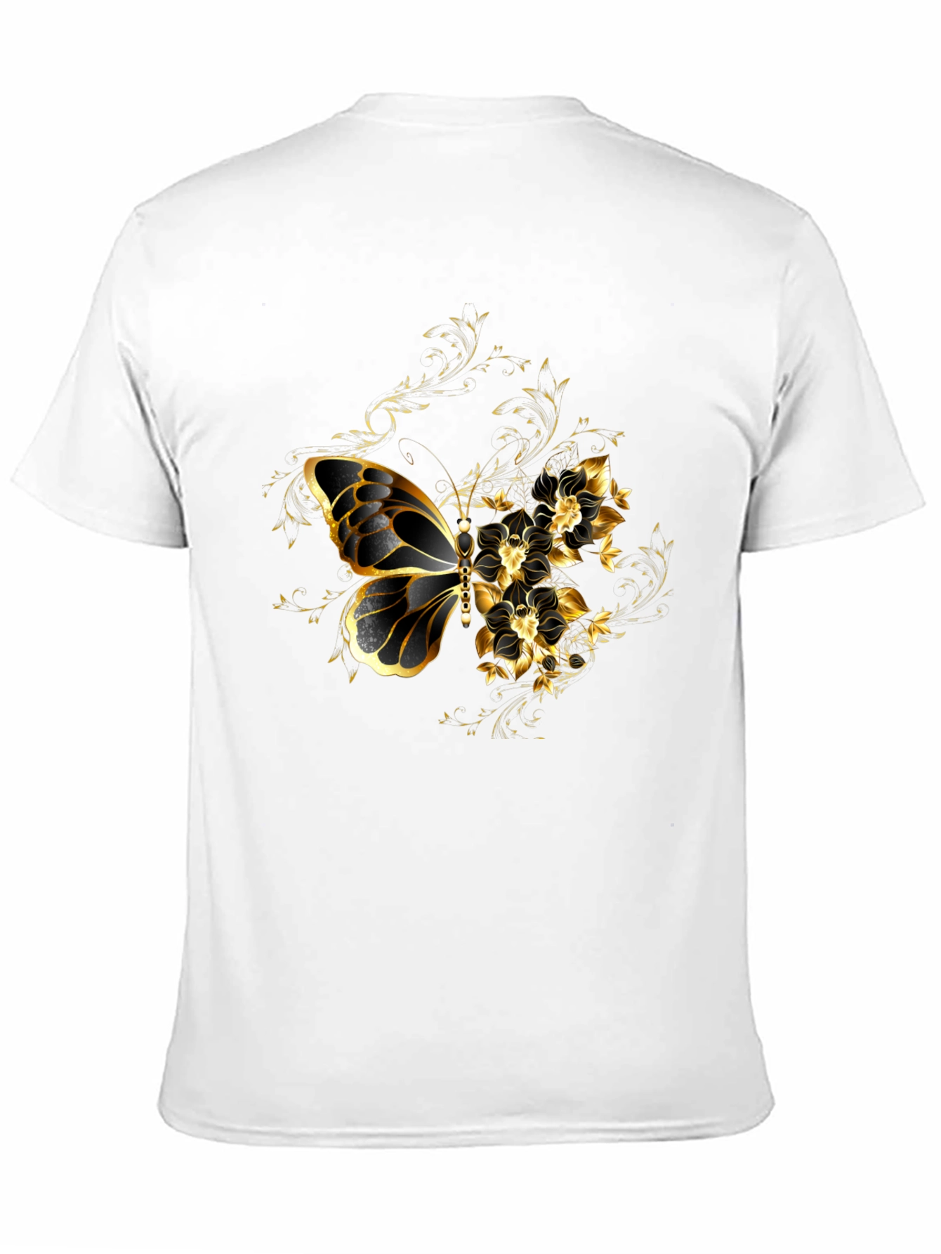 Black T-Shirt with Gold Butterfly & Floral Design