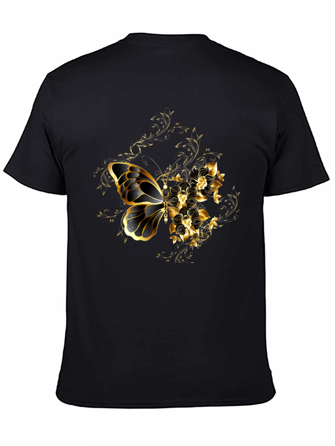 Black T-Shirt with Gold Butterfly & Floral Design