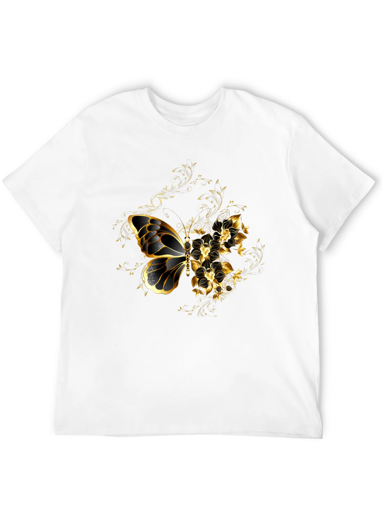 Black T-Shirt with Gold Butterfly & Floral Design