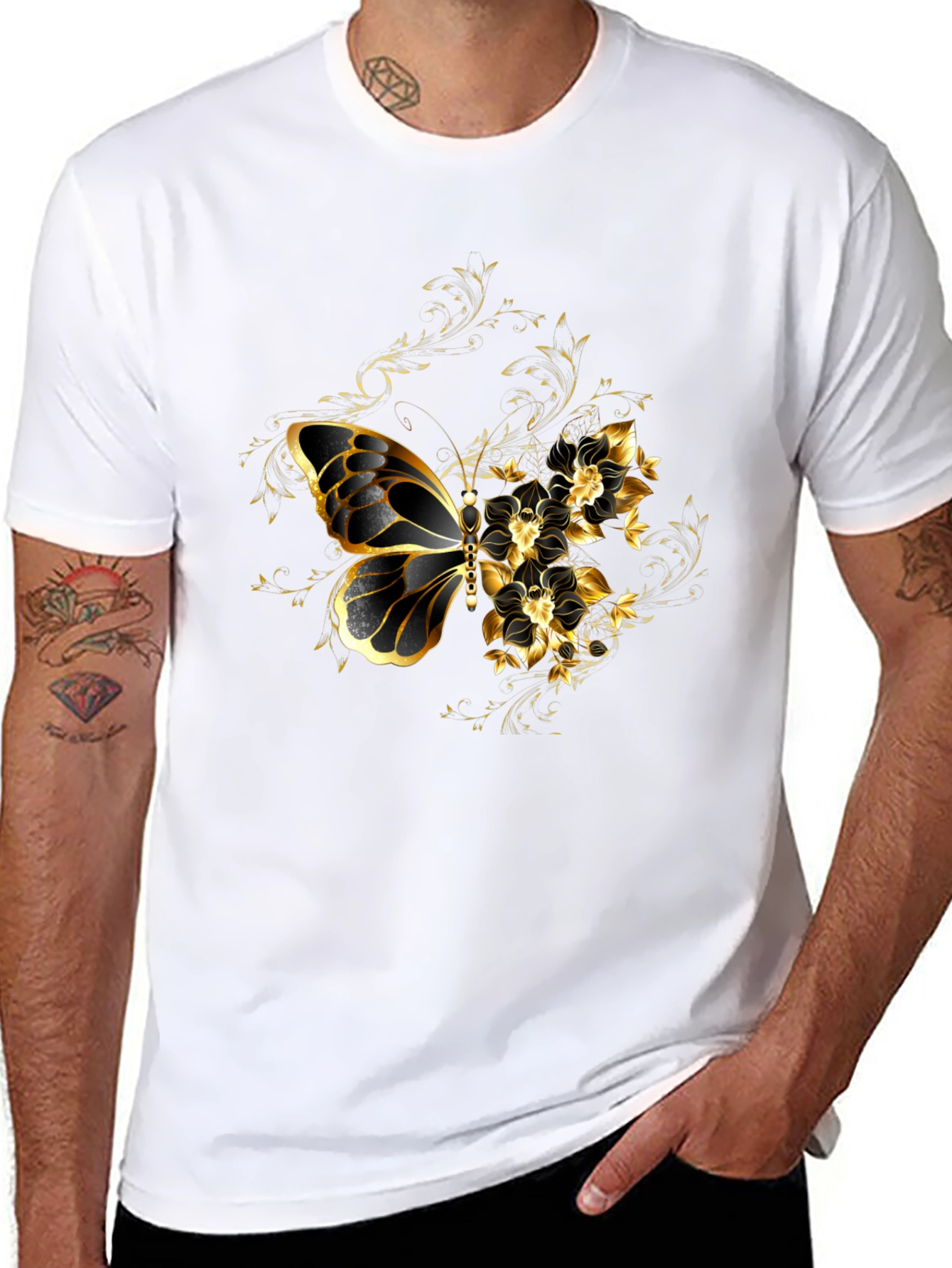 Black T-Shirt with Gold Butterfly & Floral Design