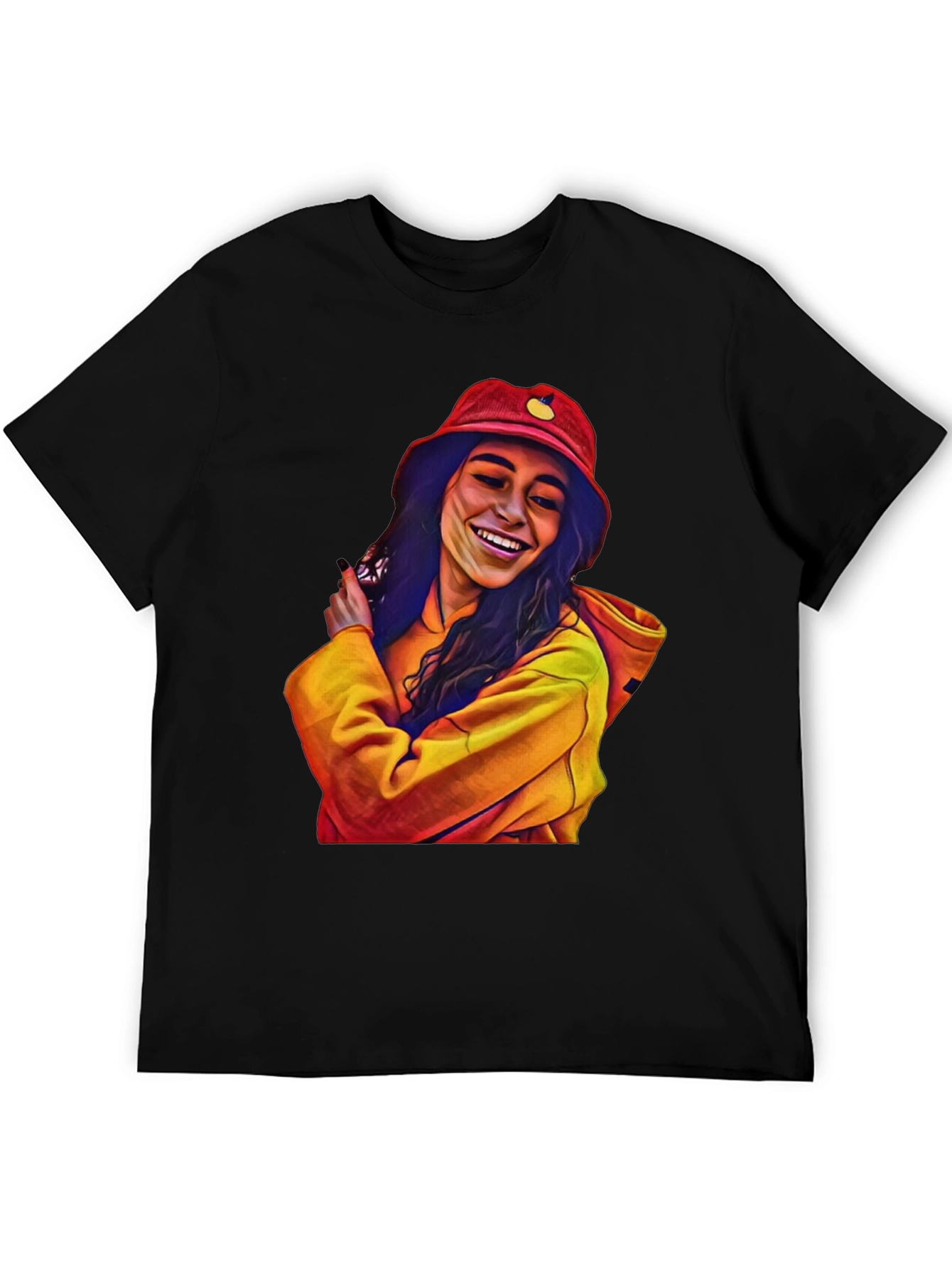 Stylish Graphic Tee: Smiling Woman in Bucket Hat