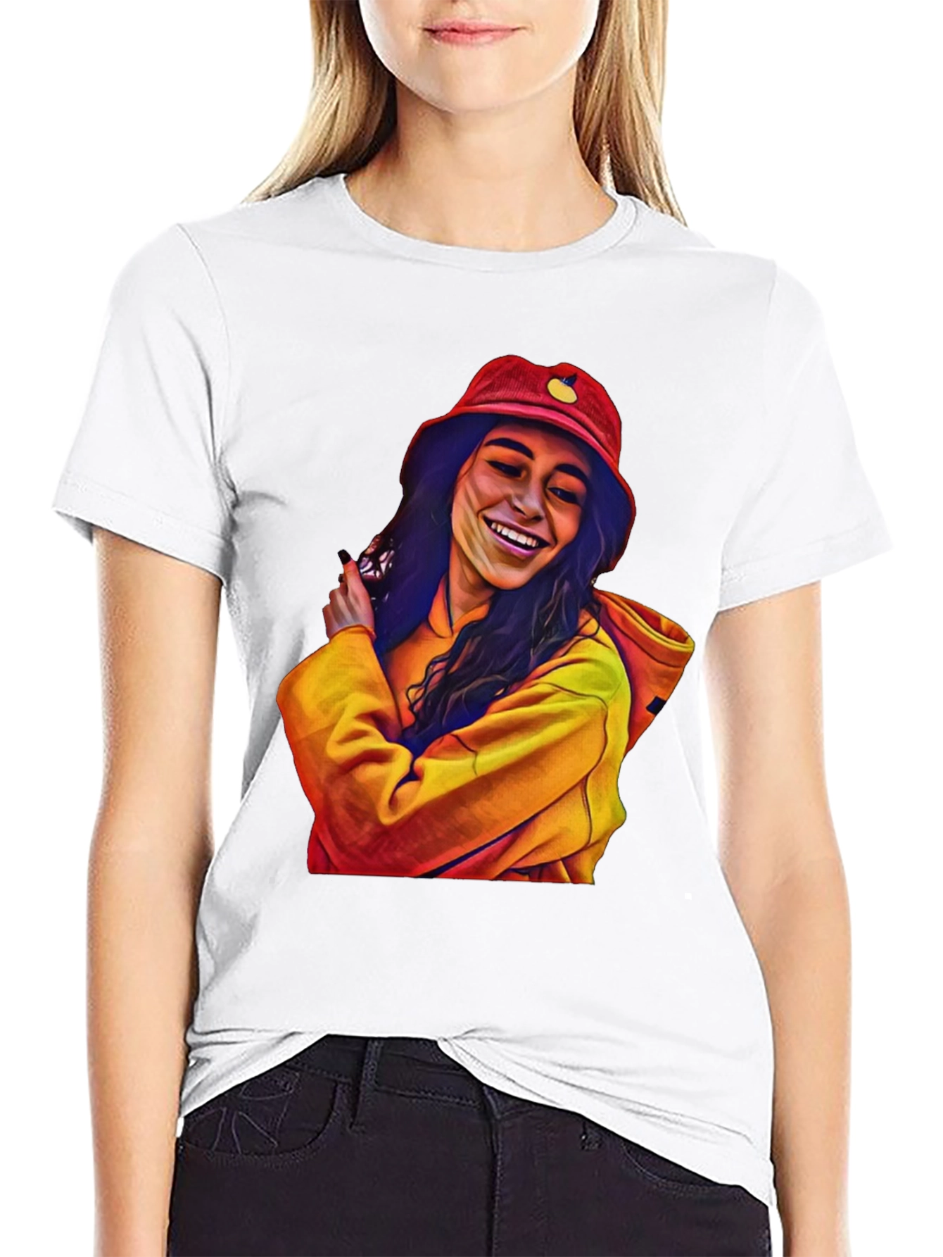 Stylish Graphic Tee: Smiling Woman in Bucket Hat