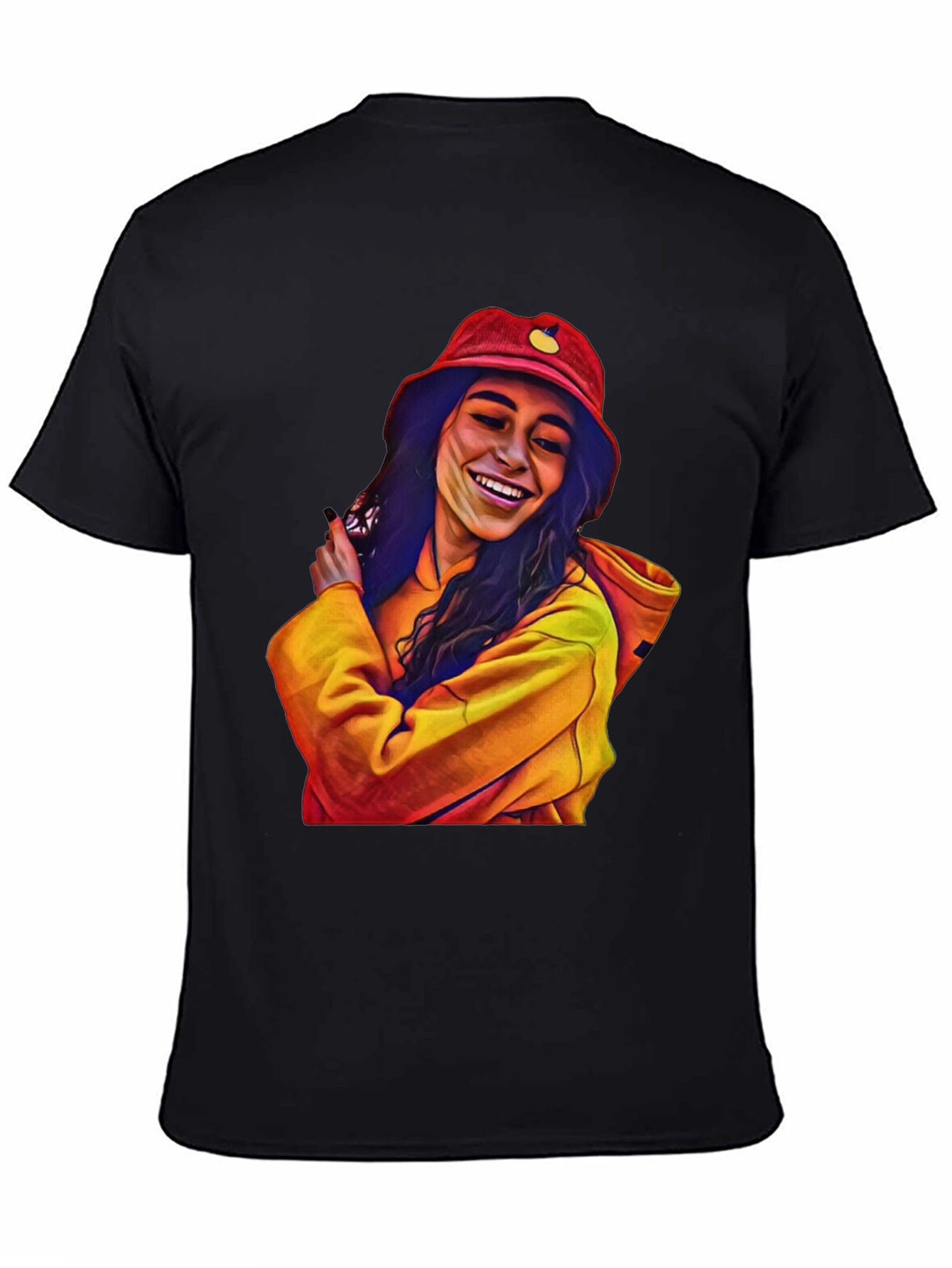 Stylish Graphic Tee: Smiling Woman in Bucket Hat