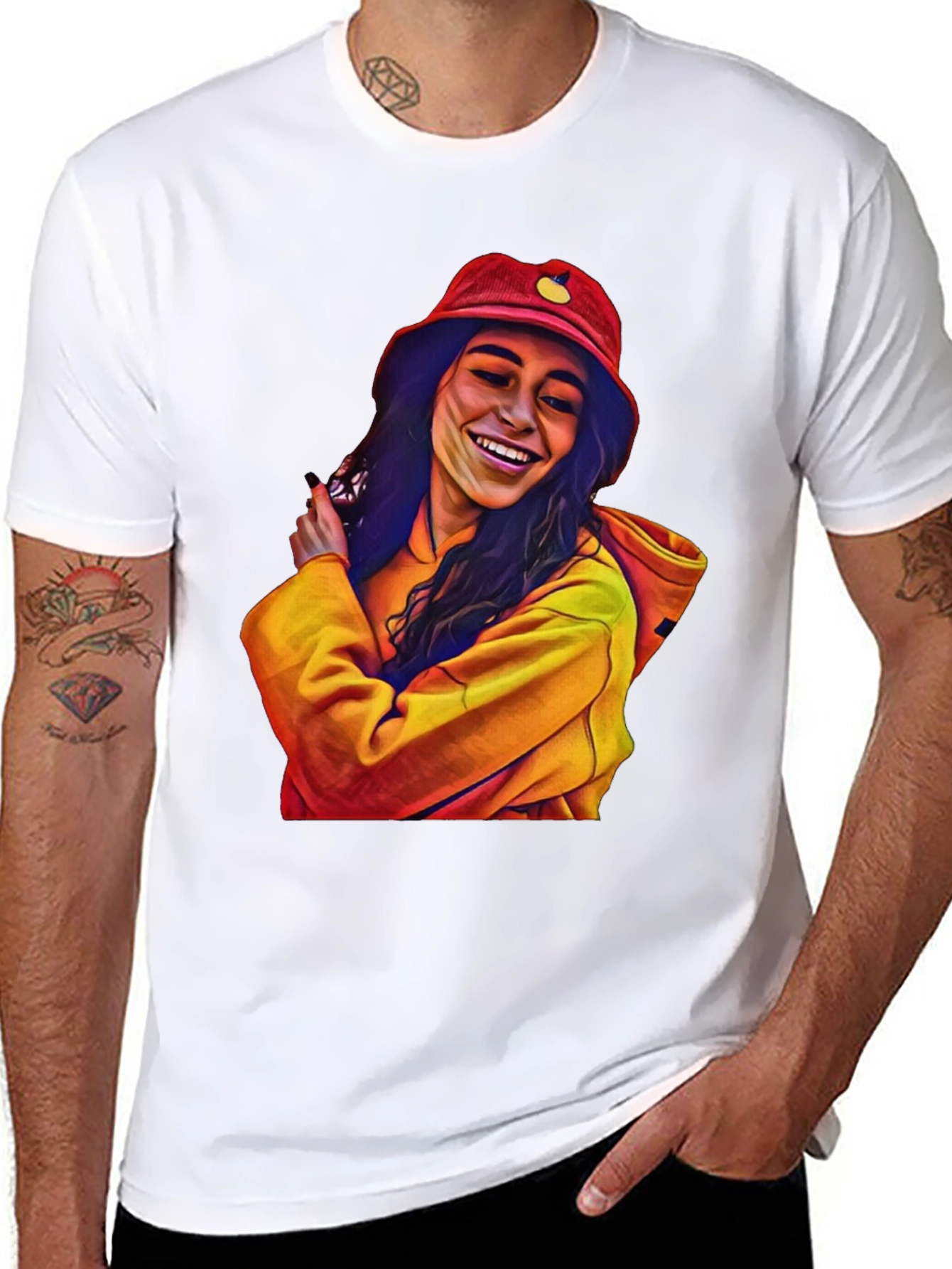 Stylish Graphic Tee: Smiling Woman in Bucket Hat