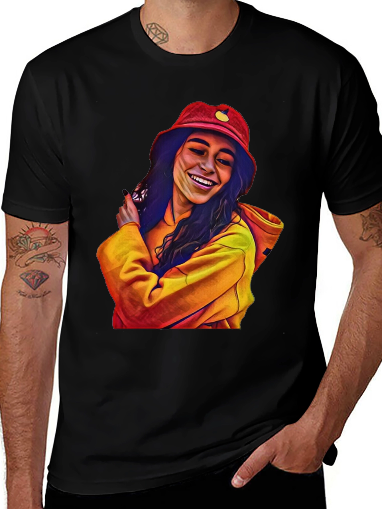 Stylish Graphic Tee: Smiling Woman in Bucket Hat