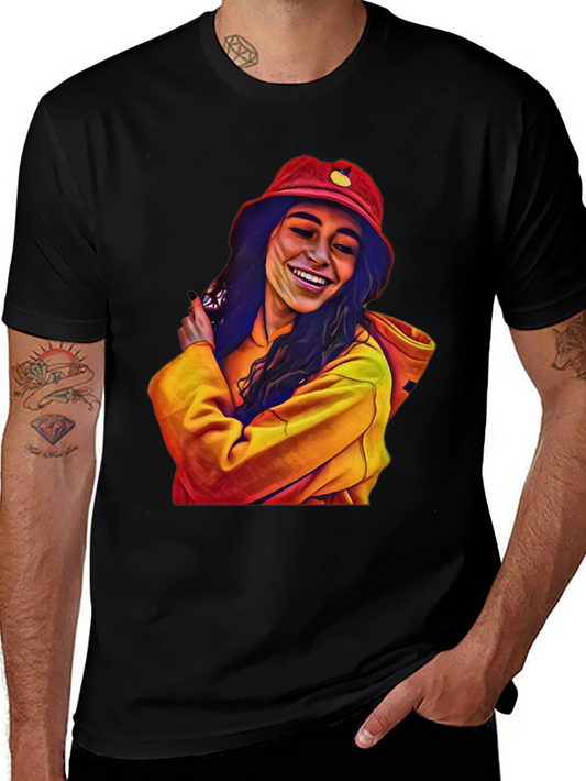 Stylish Graphic Tee: Smiling Woman in Bucket Hat