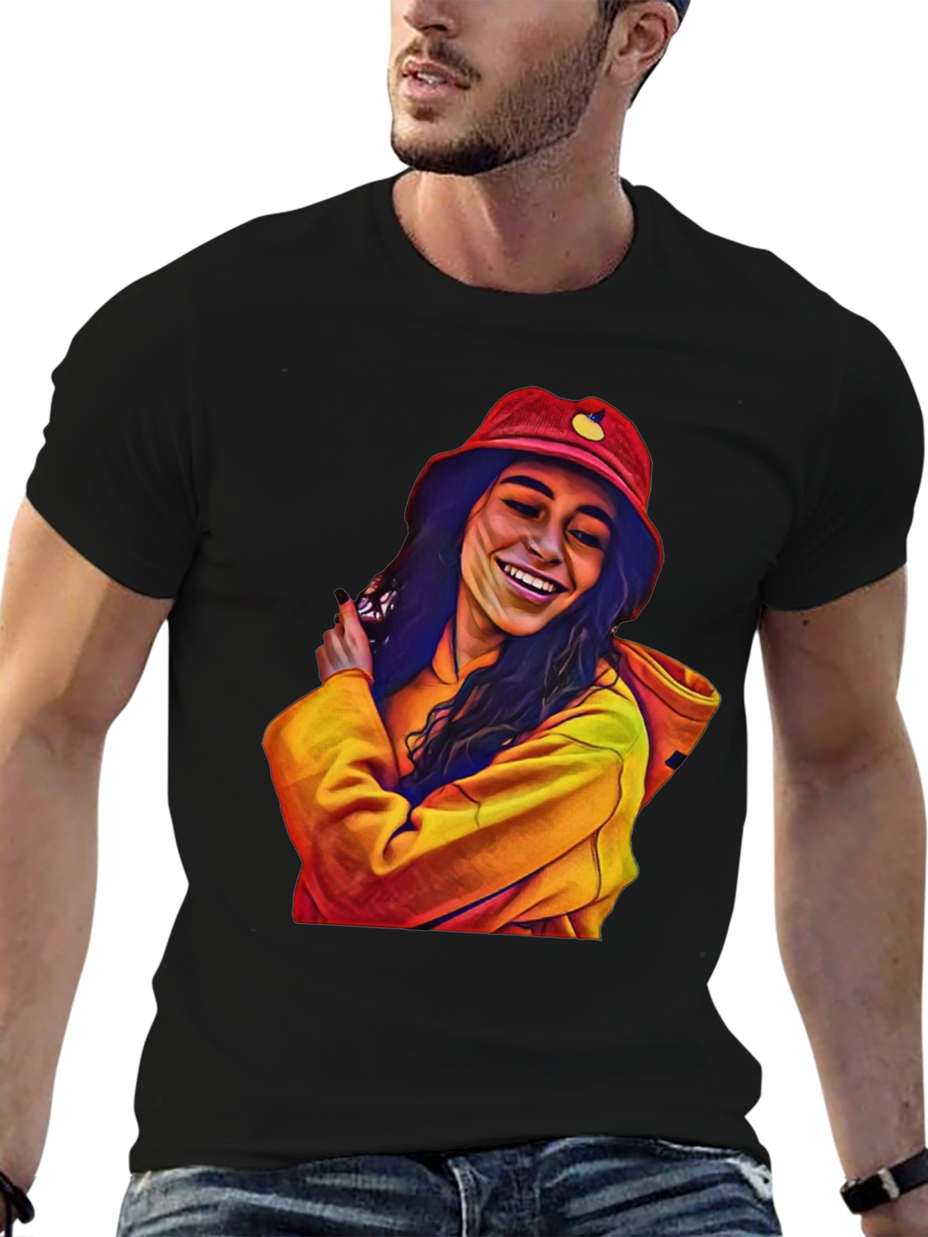 Stylish Graphic Tee: Smiling Woman in Bucket Hat