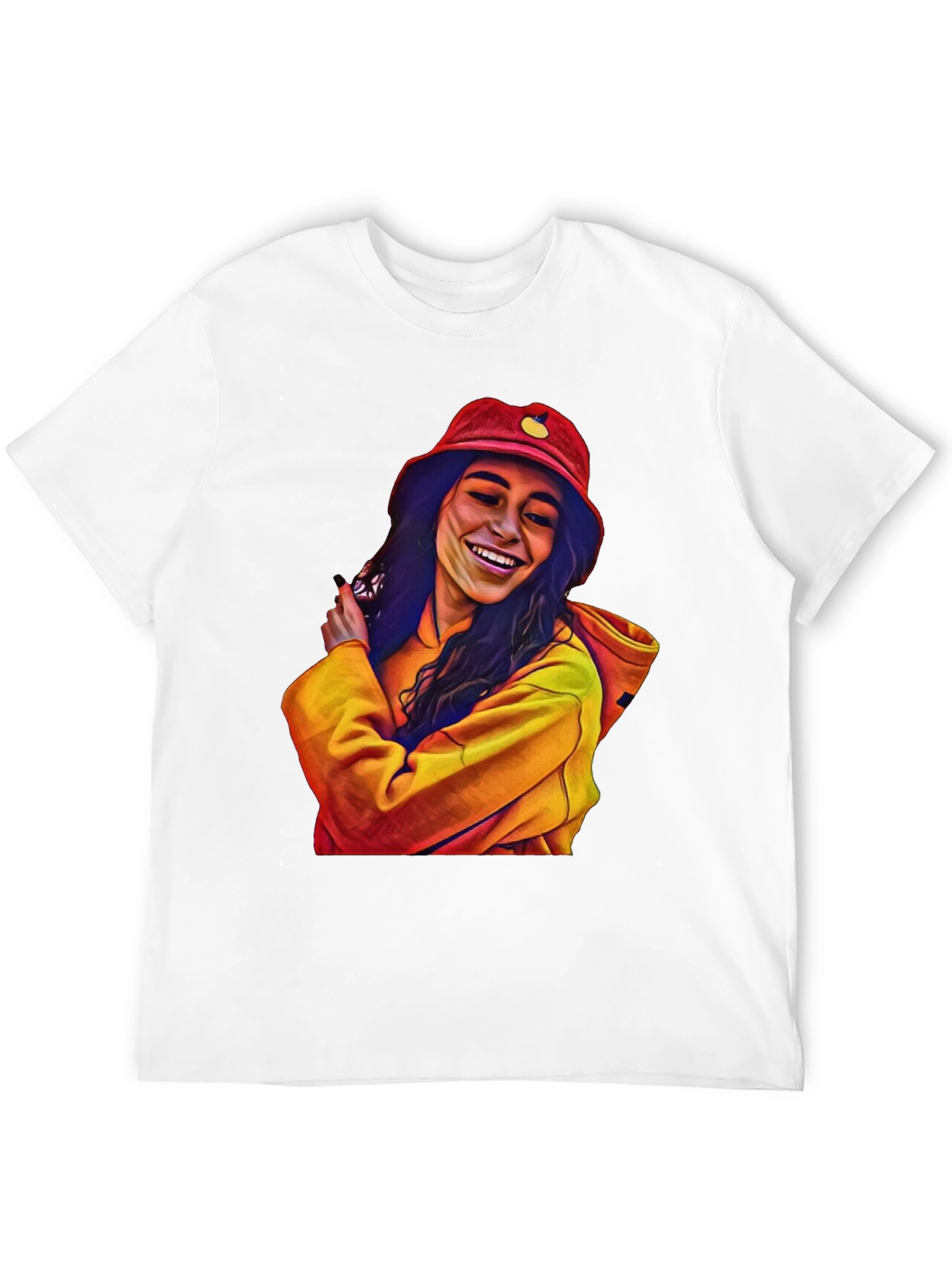 Stylish Graphic Tee: Smiling Woman in Bucket Hat