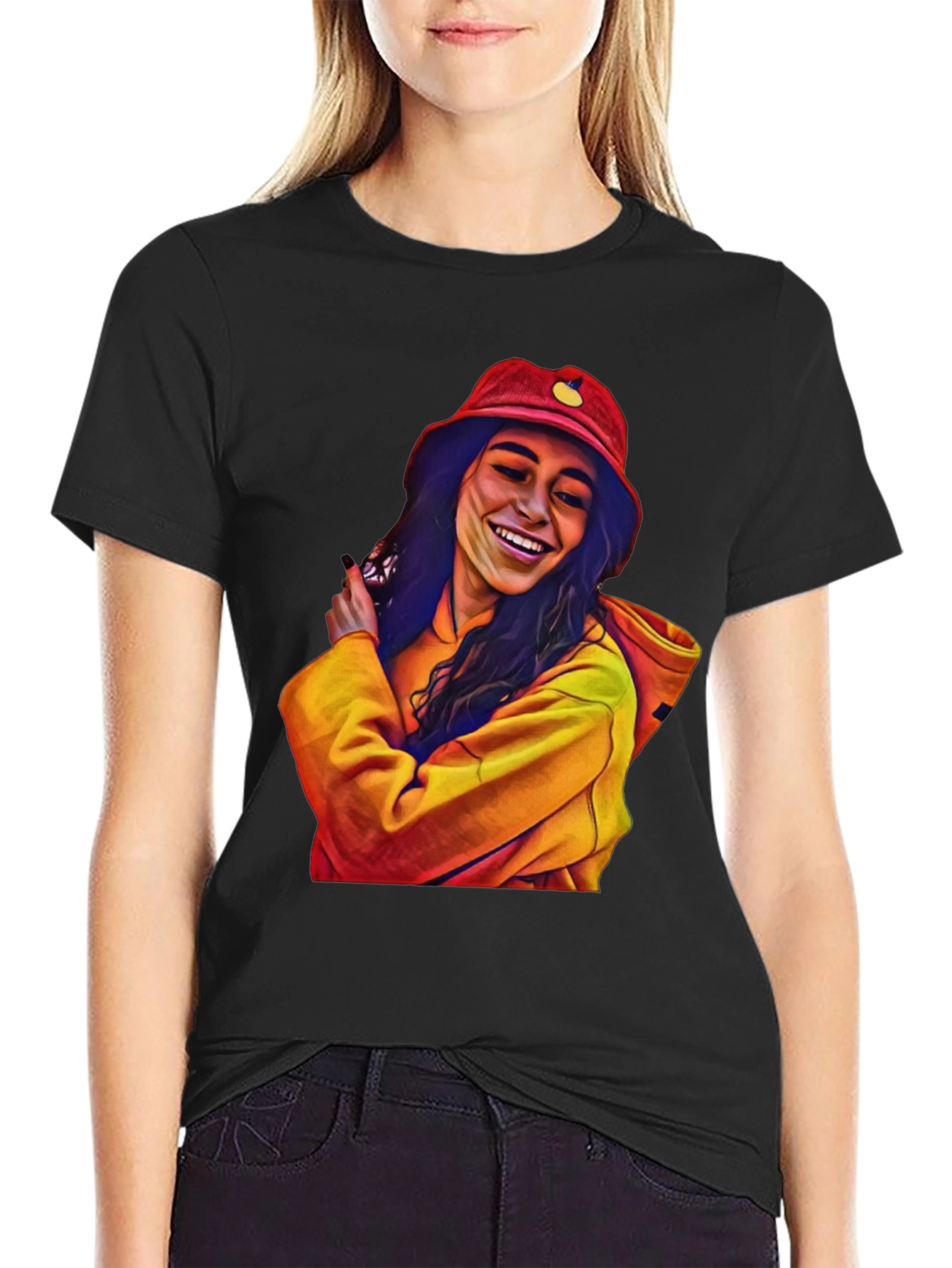 Stylish Graphic Tee: Smiling Woman in Bucket Hat