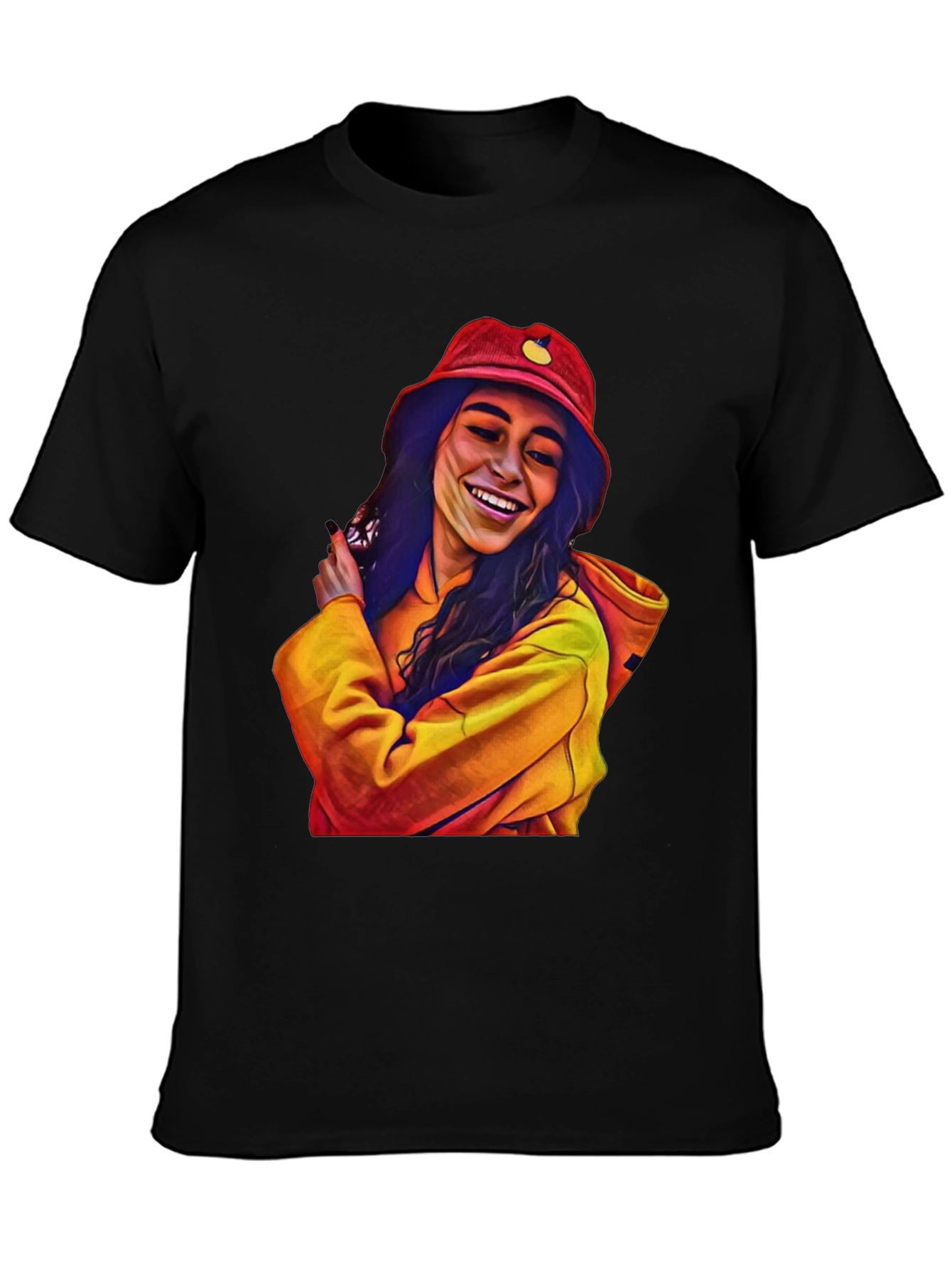 Stylish Graphic Tee: Smiling Woman in Bucket Hat