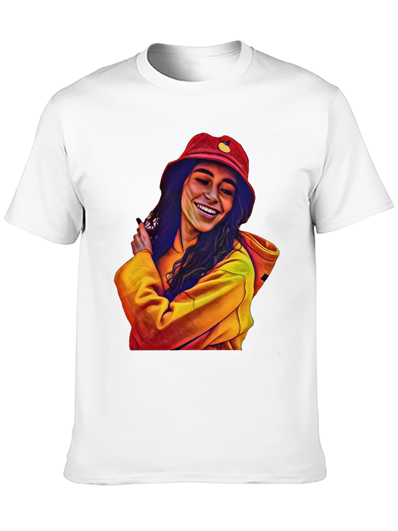 Stylish Graphic Tee: Smiling Woman in Bucket Hat