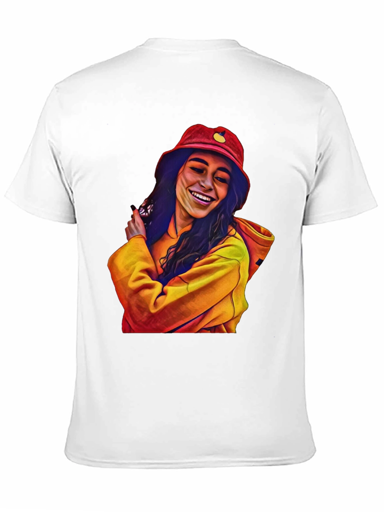 Stylish Graphic Tee: Smiling Woman in Bucket Hat