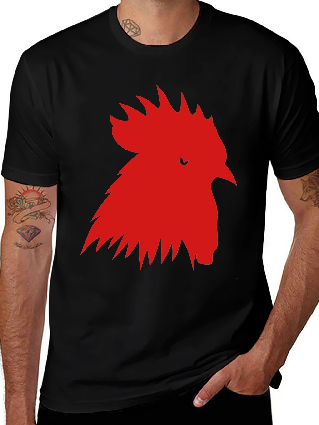 Rooster Graphic Tee - Black Cotton T-Shirt
