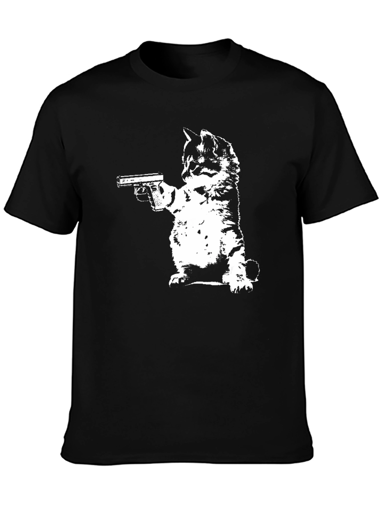 Cat With Gun Black T-Shirt