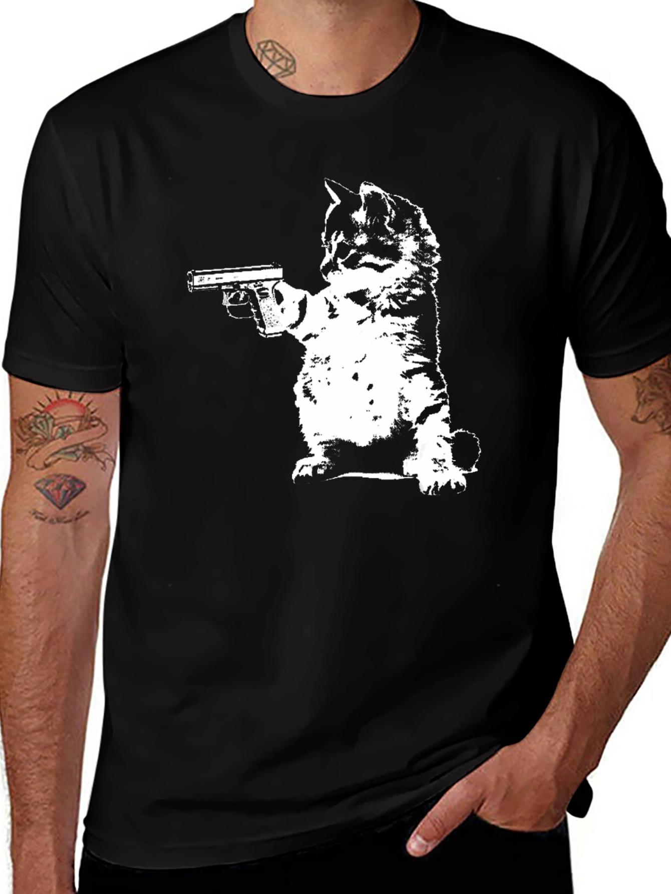 Cat With Gun Black T-Shirt