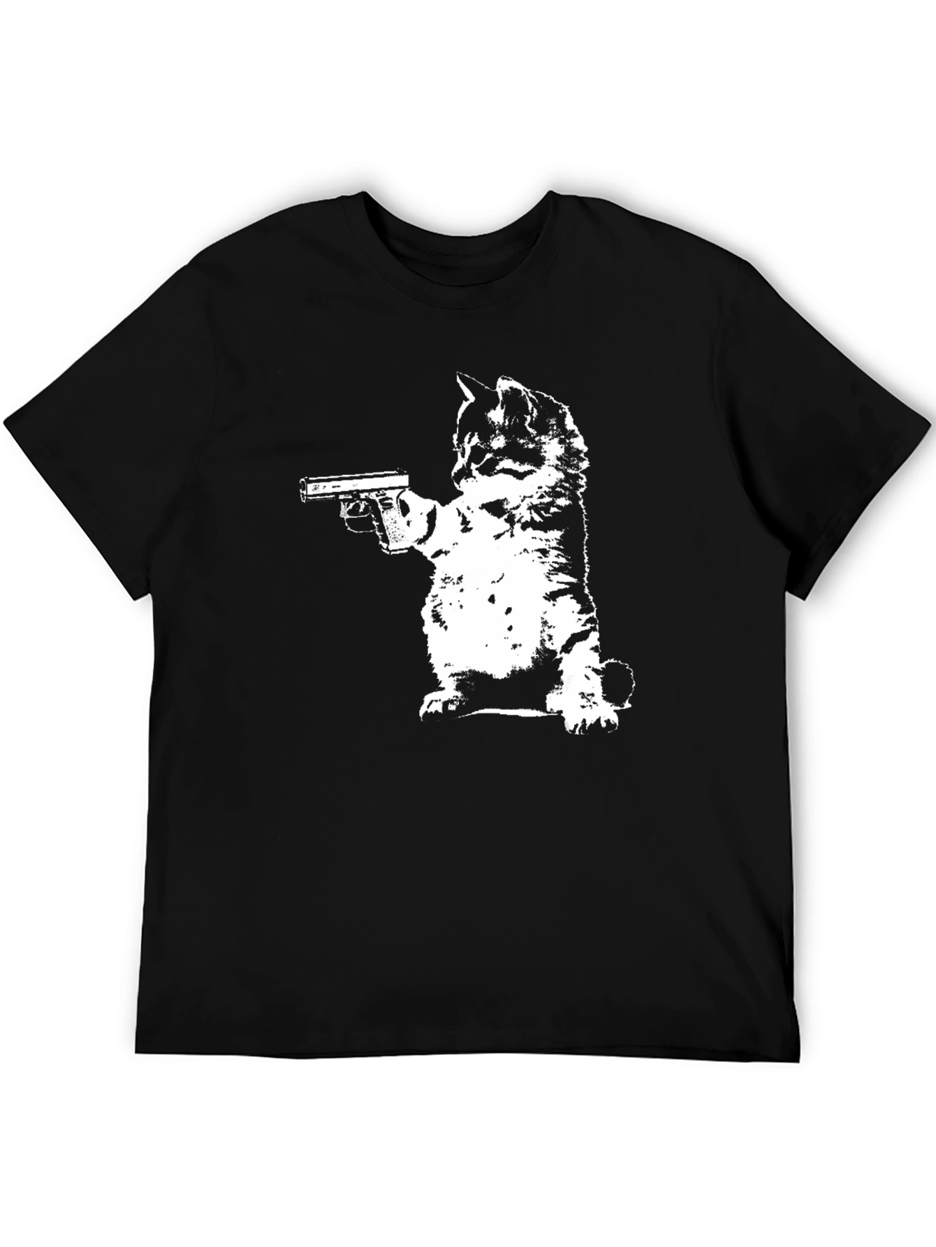 Cat With Gun Black T-Shirt