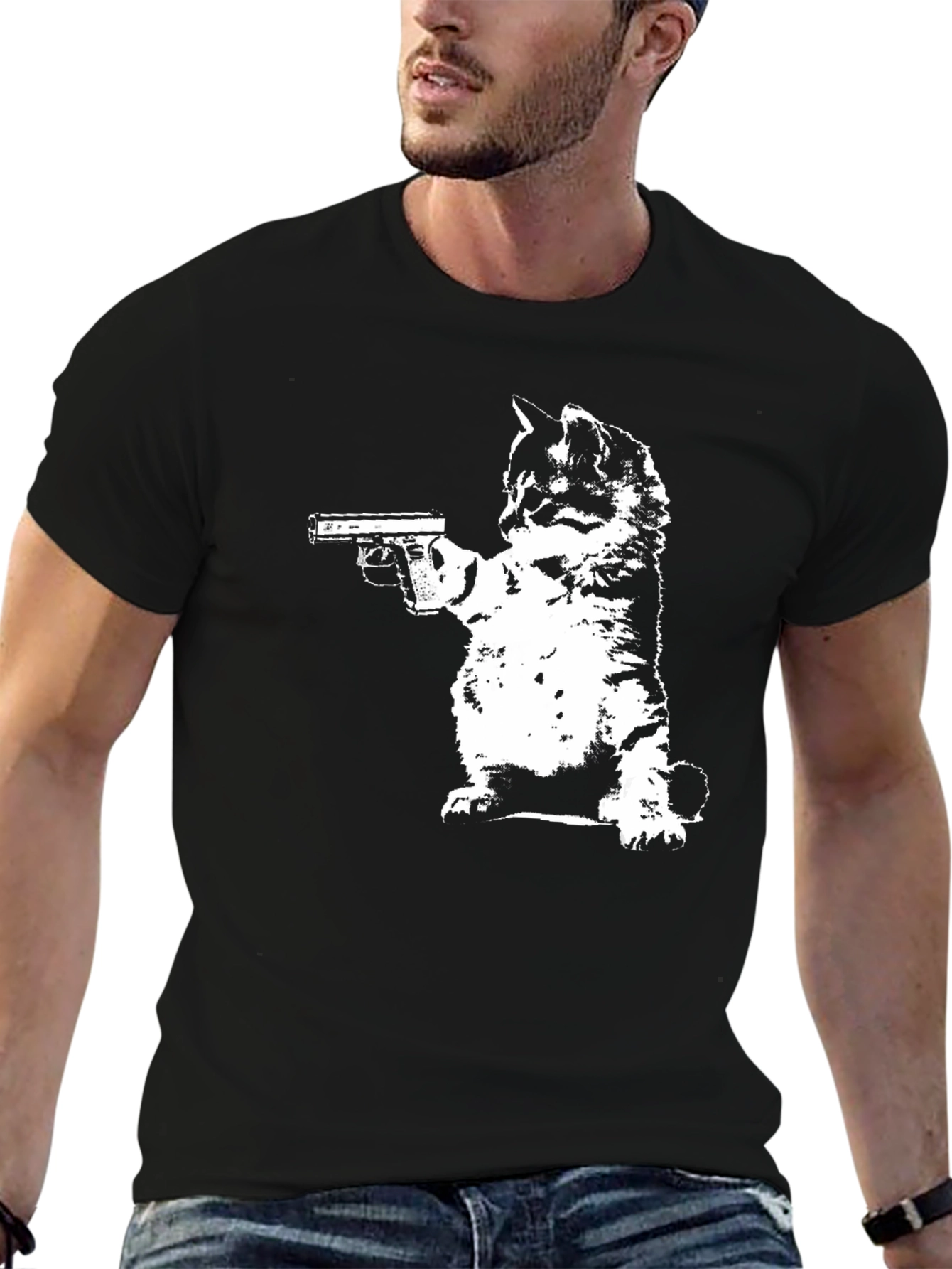 Cat With Gun Black T-Shirt