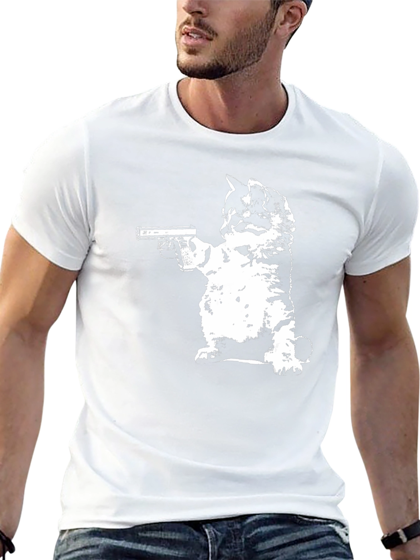 Cat With Gun Black T-Shirt