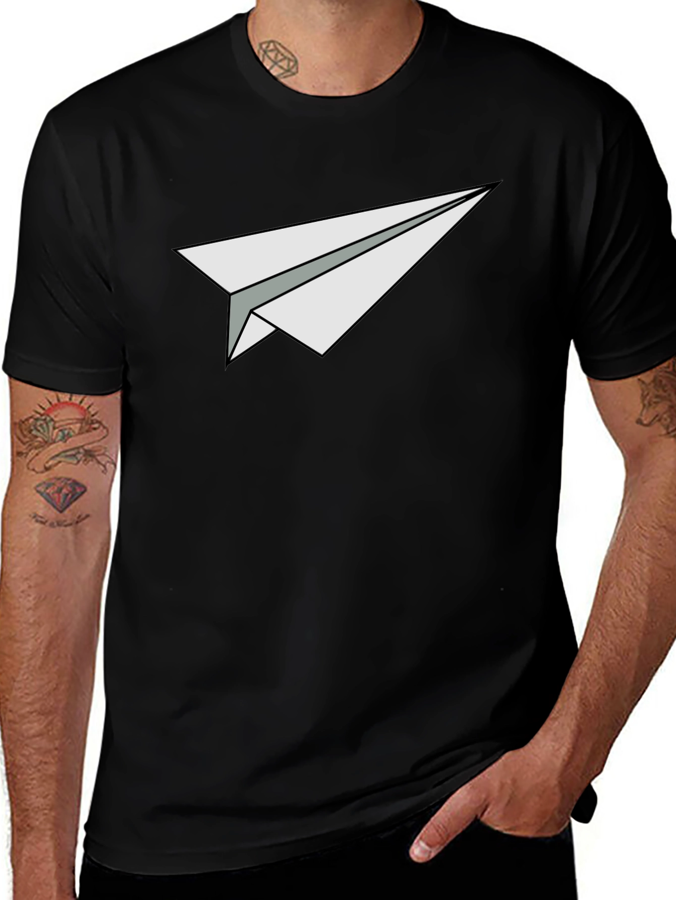 Paper Airplane Graphic Tee - Black Cotton Casual Shirt