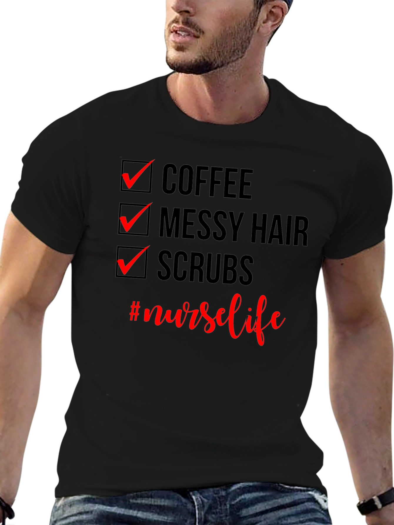 Nurse Life T-Shirt - Coffee Messy Hair Scrubs