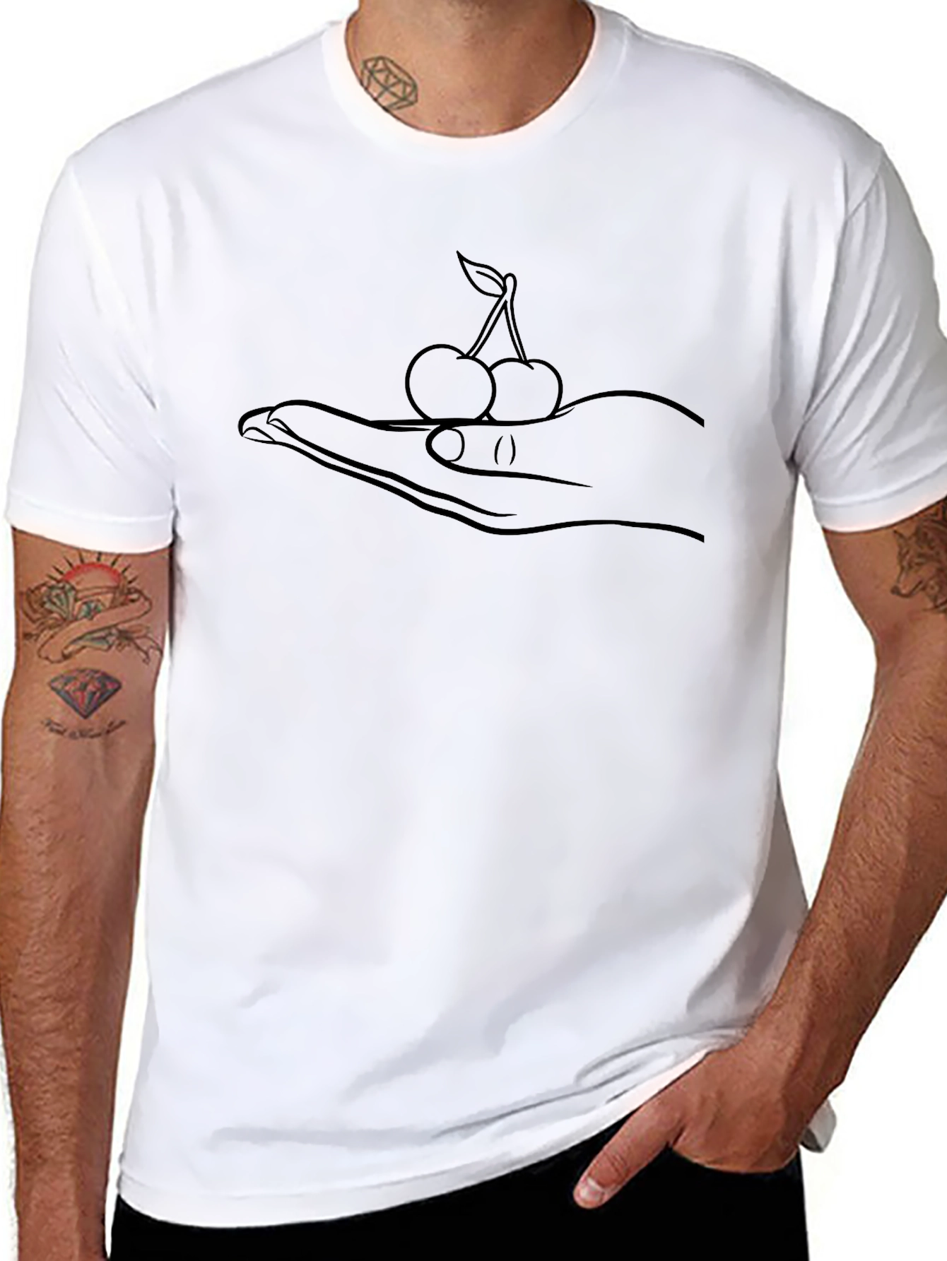 Hand Holding Cherries Black T-Shirt