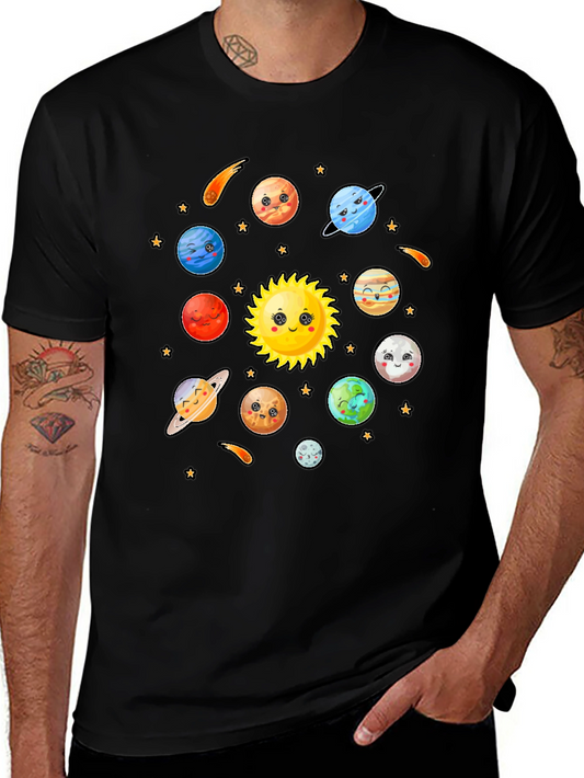 Cute Cartoon Planets Solar System Black T-Shirt