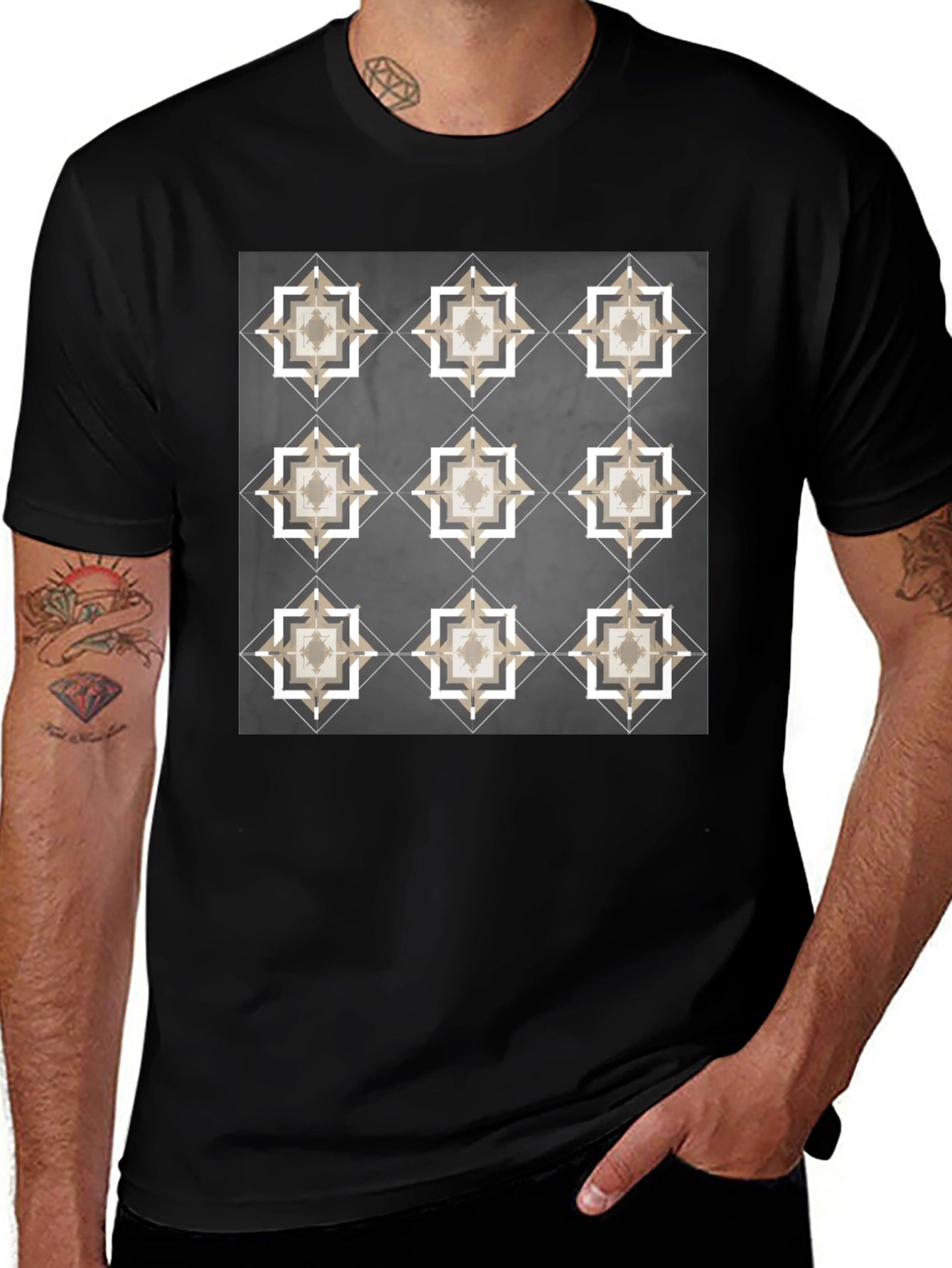 Geometric Tile Print Black T-Shirt