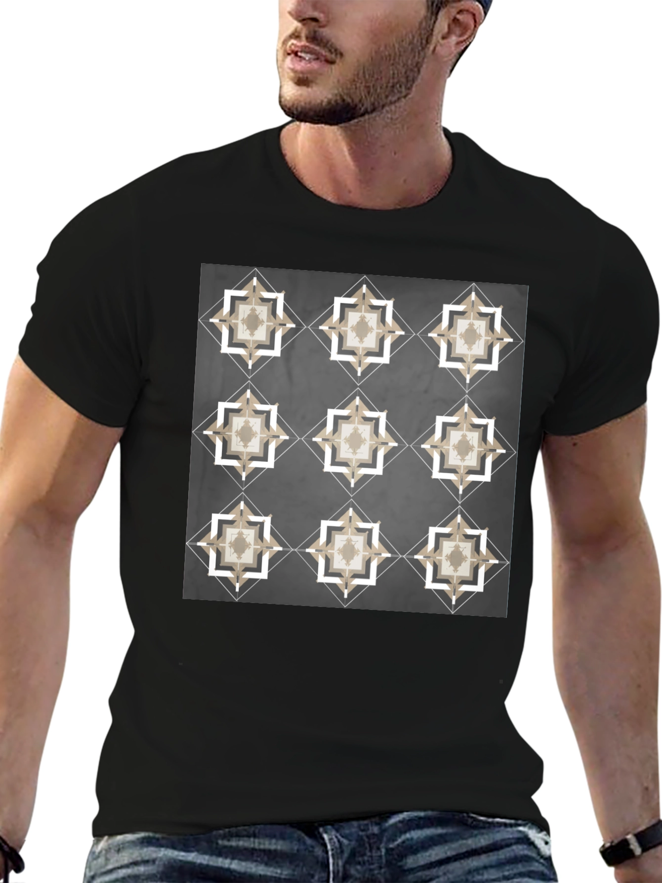 Geometric Tile Print Black T-Shirt
