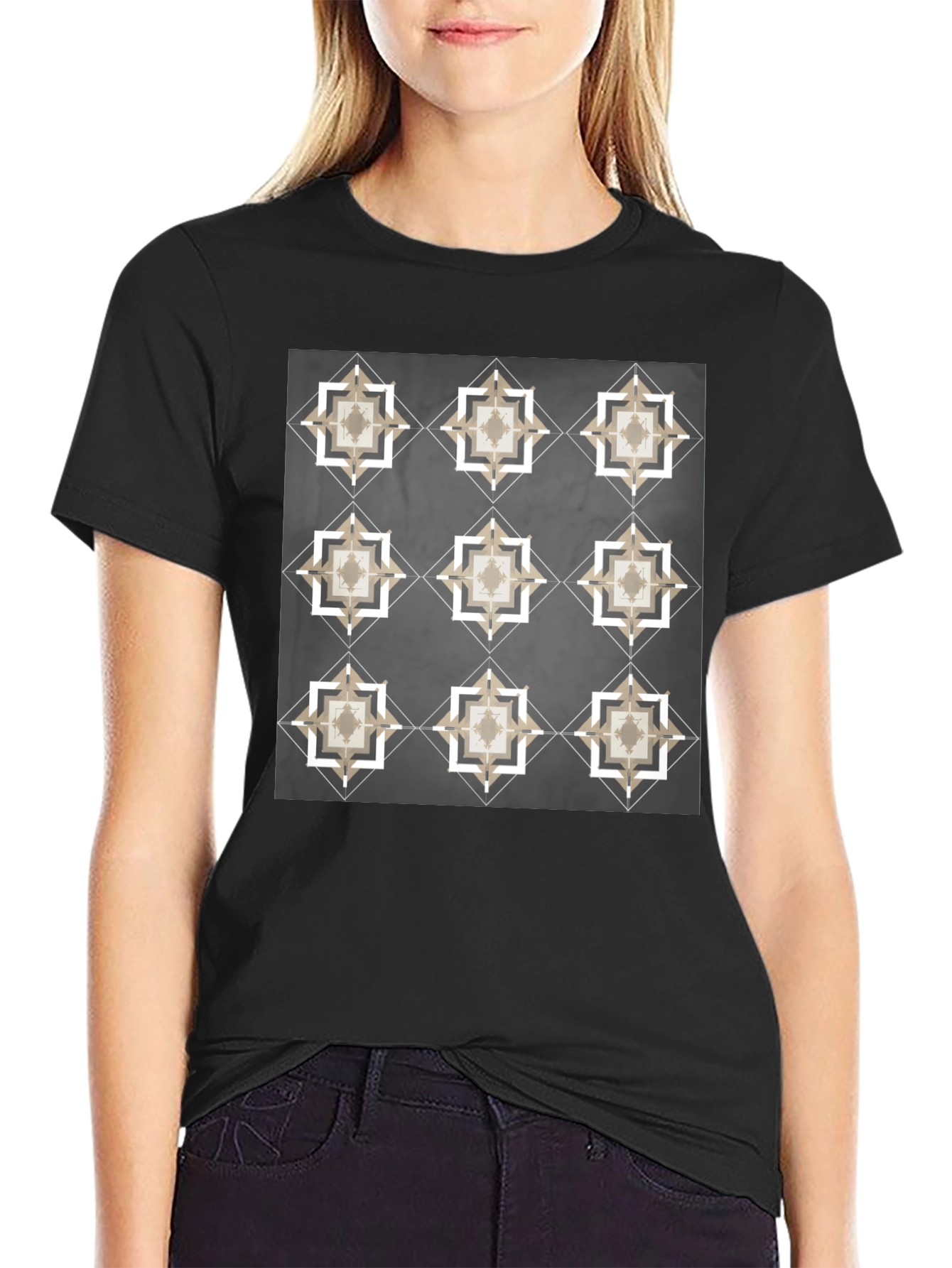 Geometric Tile Print Black T-Shirt