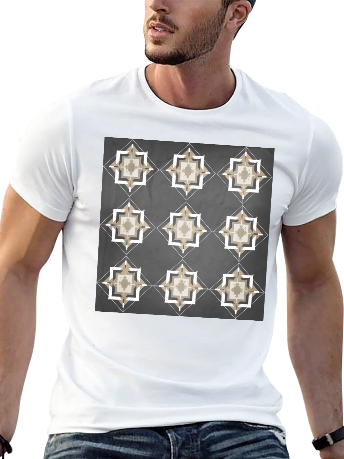 Geometric Tile Print Black T-Shirt