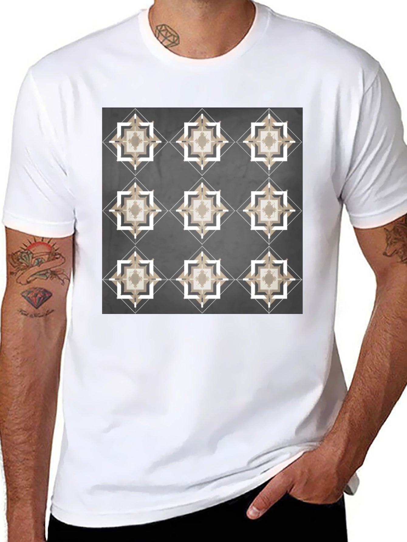 Geometric Tile Print Black T-Shirt