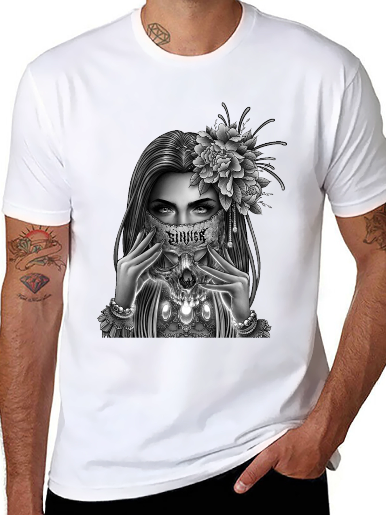 Sinner Skull Mask Graphic Tee - Gothic Style