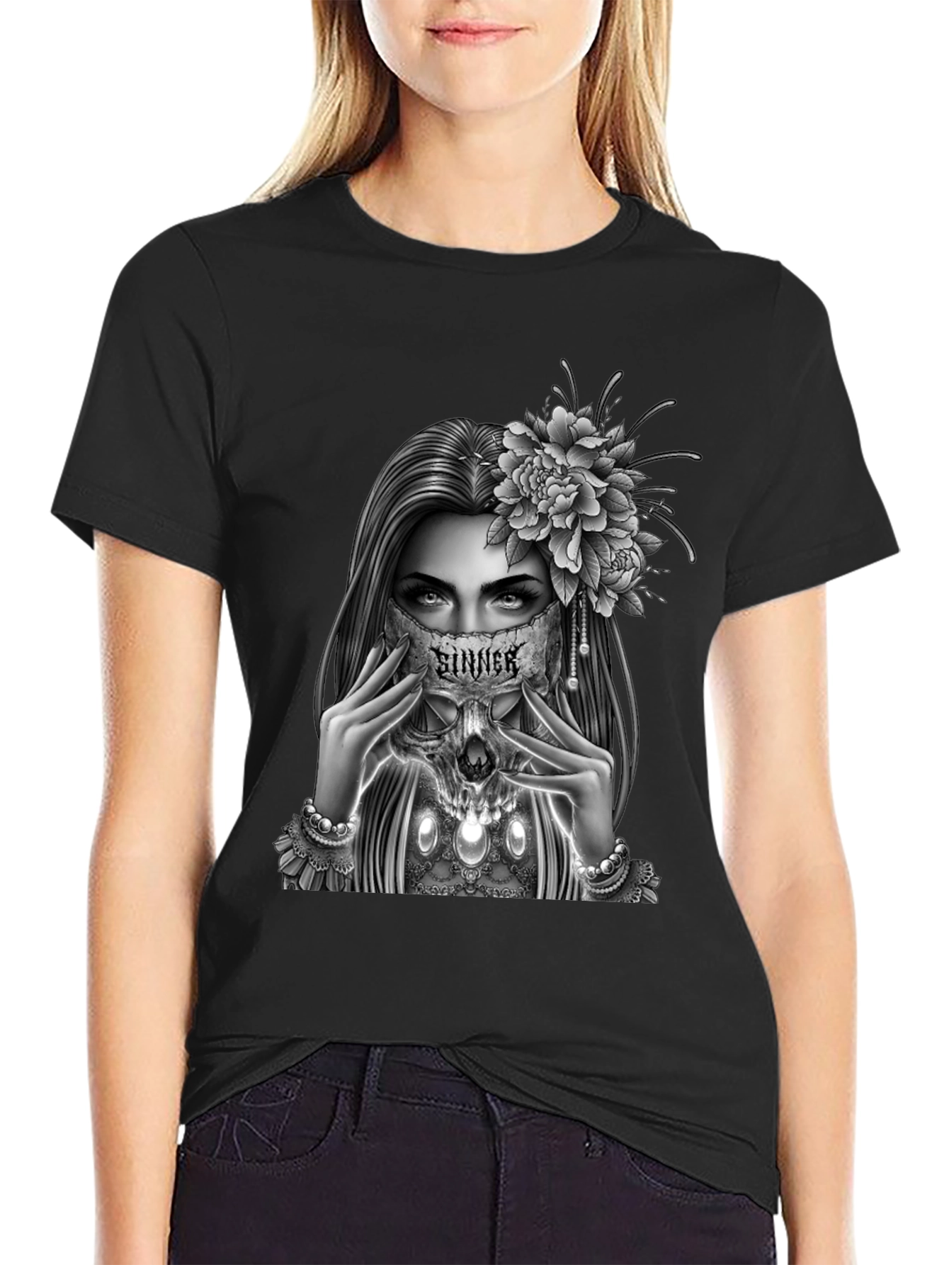 Sinner Skull Mask Graphic Tee - Gothic Style