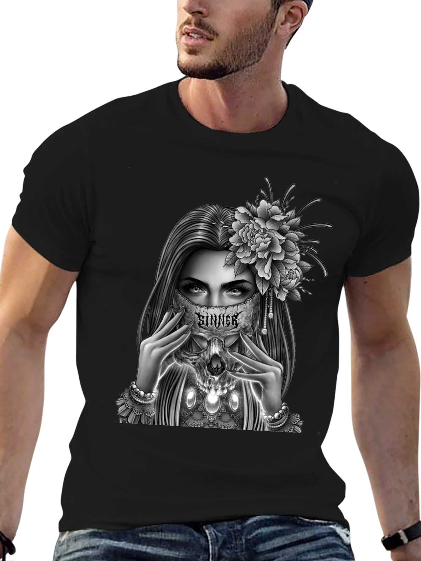 Sinner Skull Mask Graphic Tee - Gothic Style