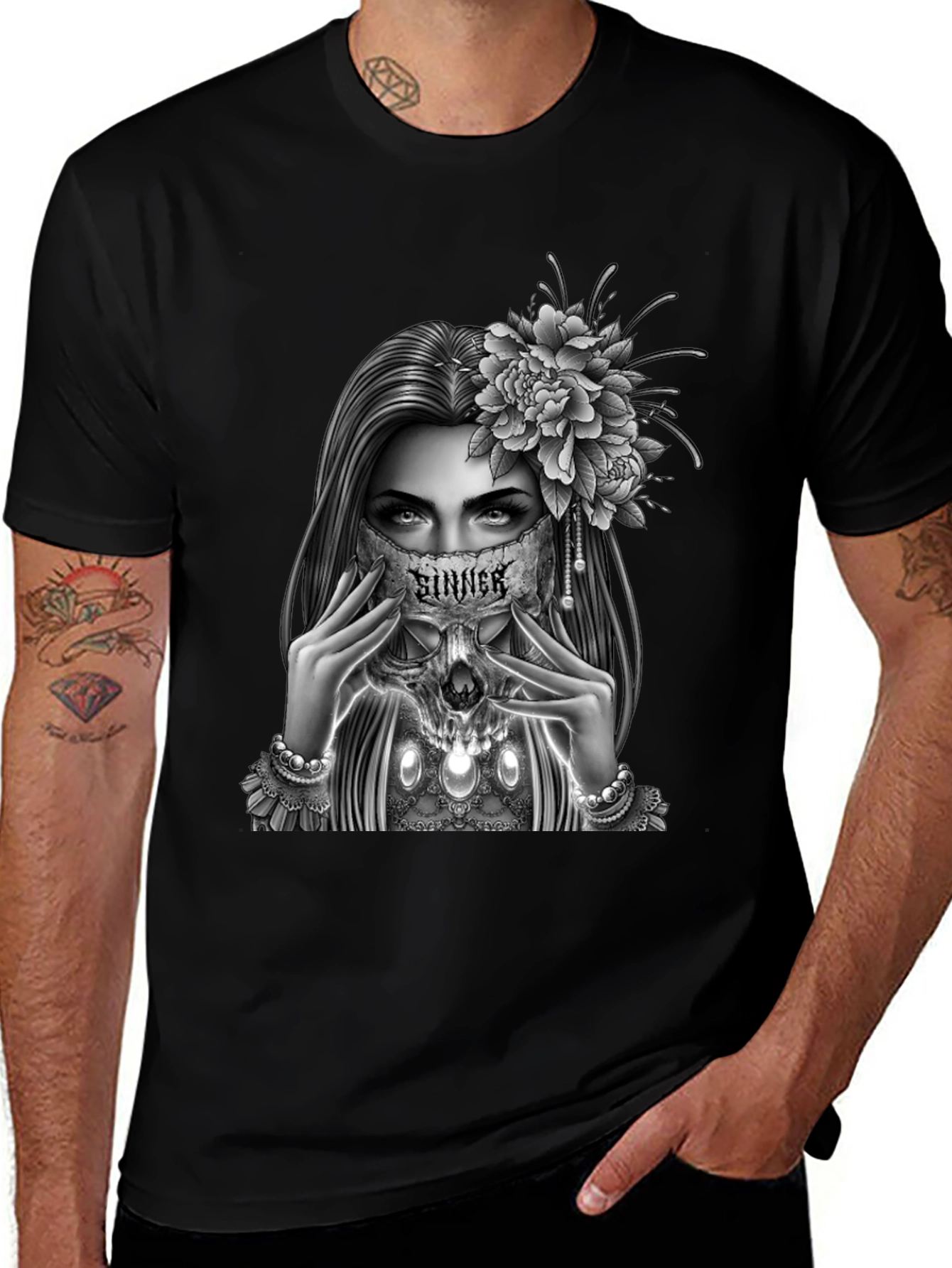 Sinner Skull Mask Graphic Tee - Gothic Style