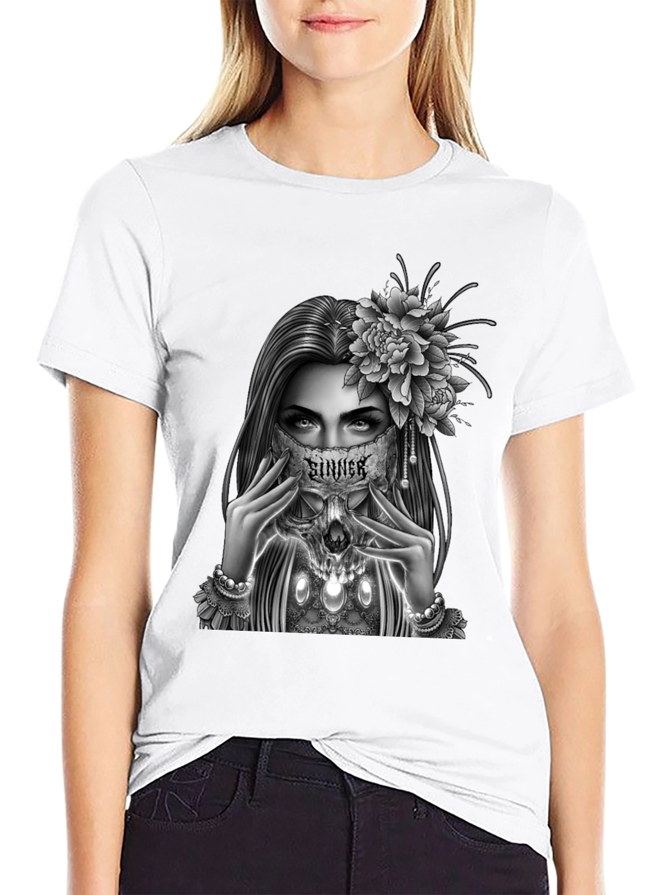 Sinner Skull Mask Graphic Tee - Gothic Style