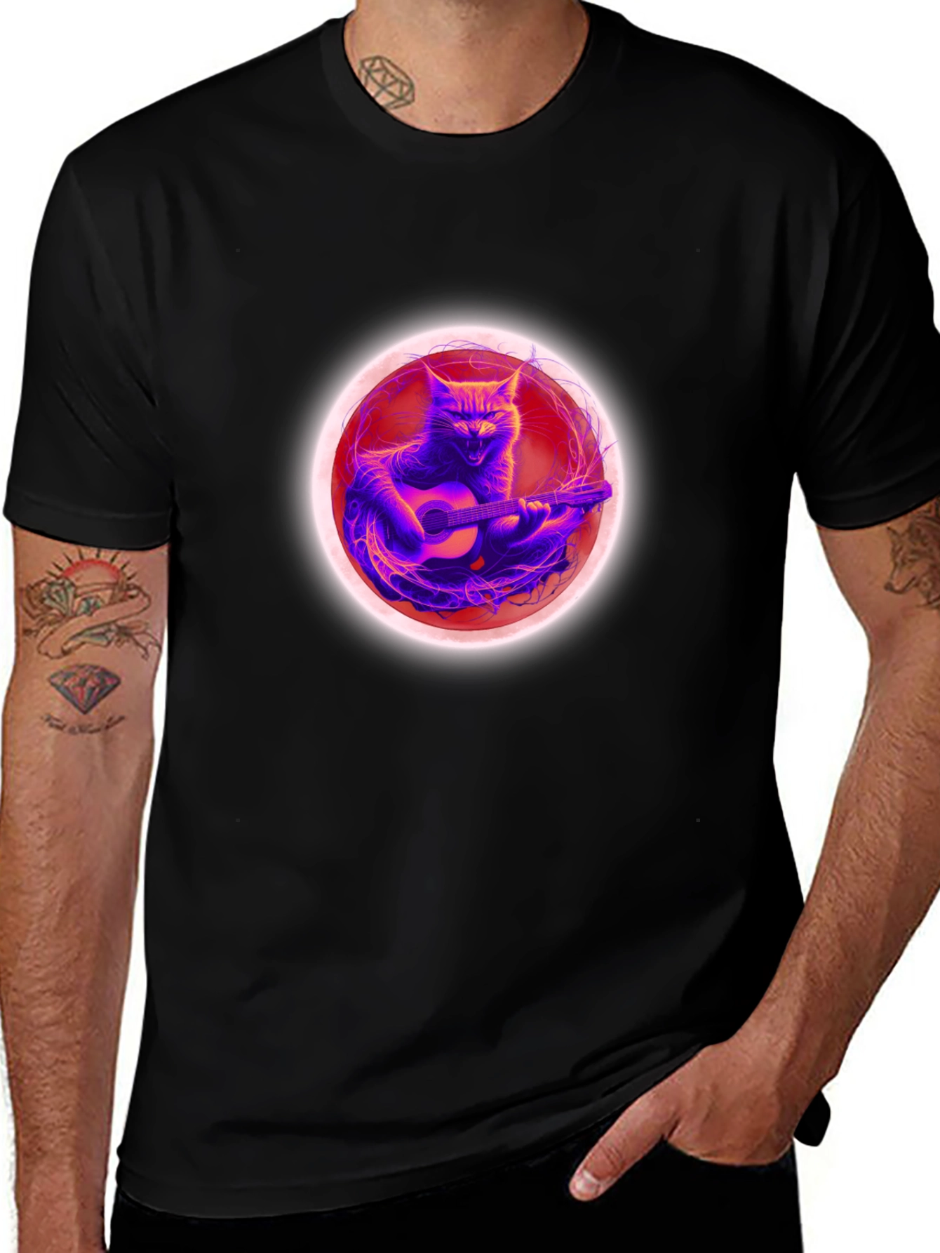 Cat Guitar Player Black T-Shirt