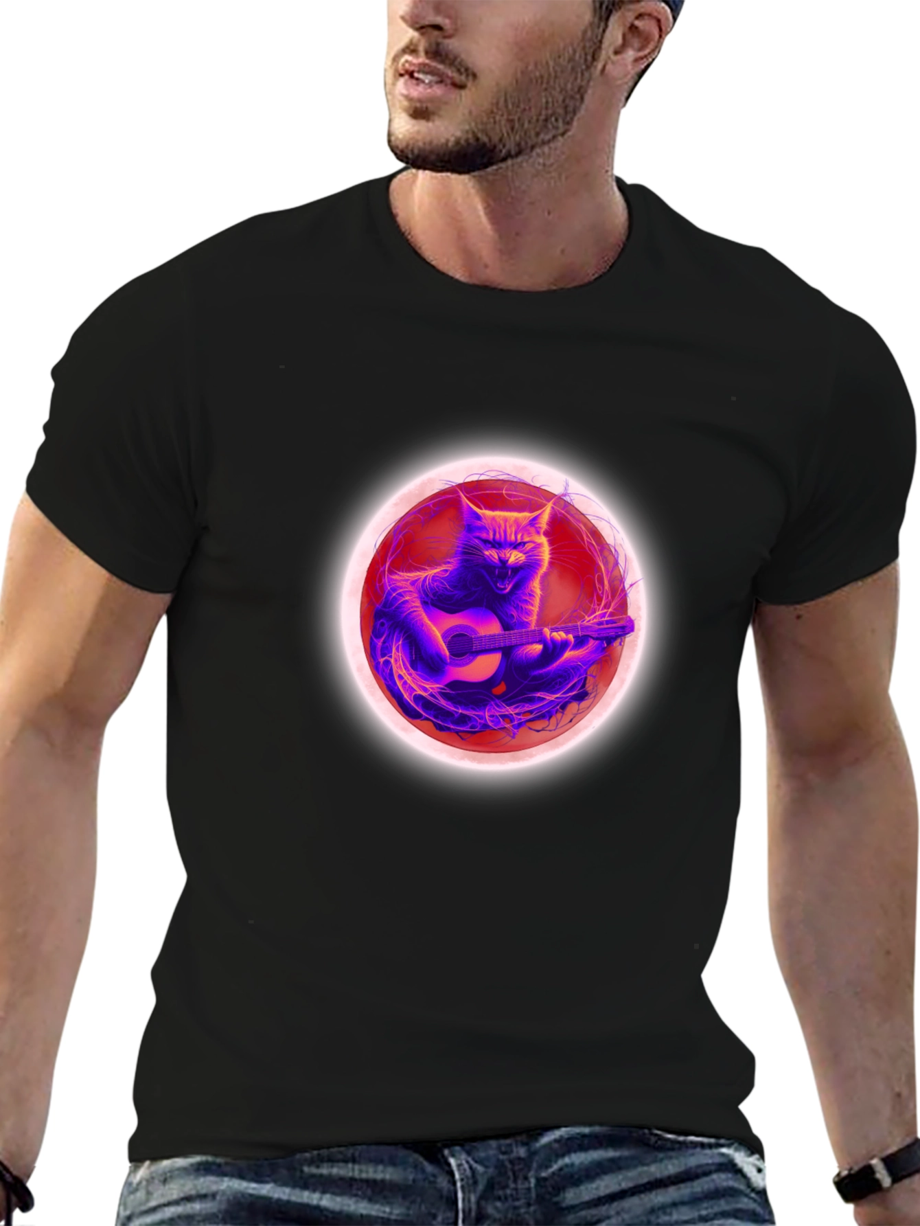 Cat Guitar Player Black T-Shirt