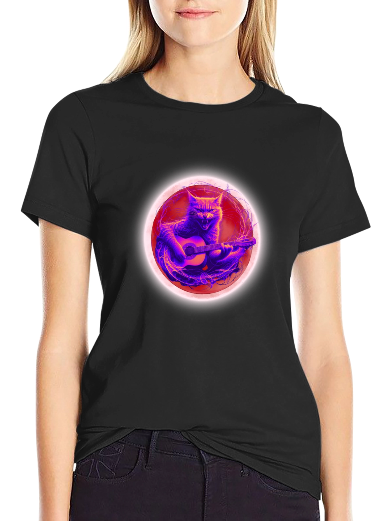 Cat Guitar Player Black T-Shirt