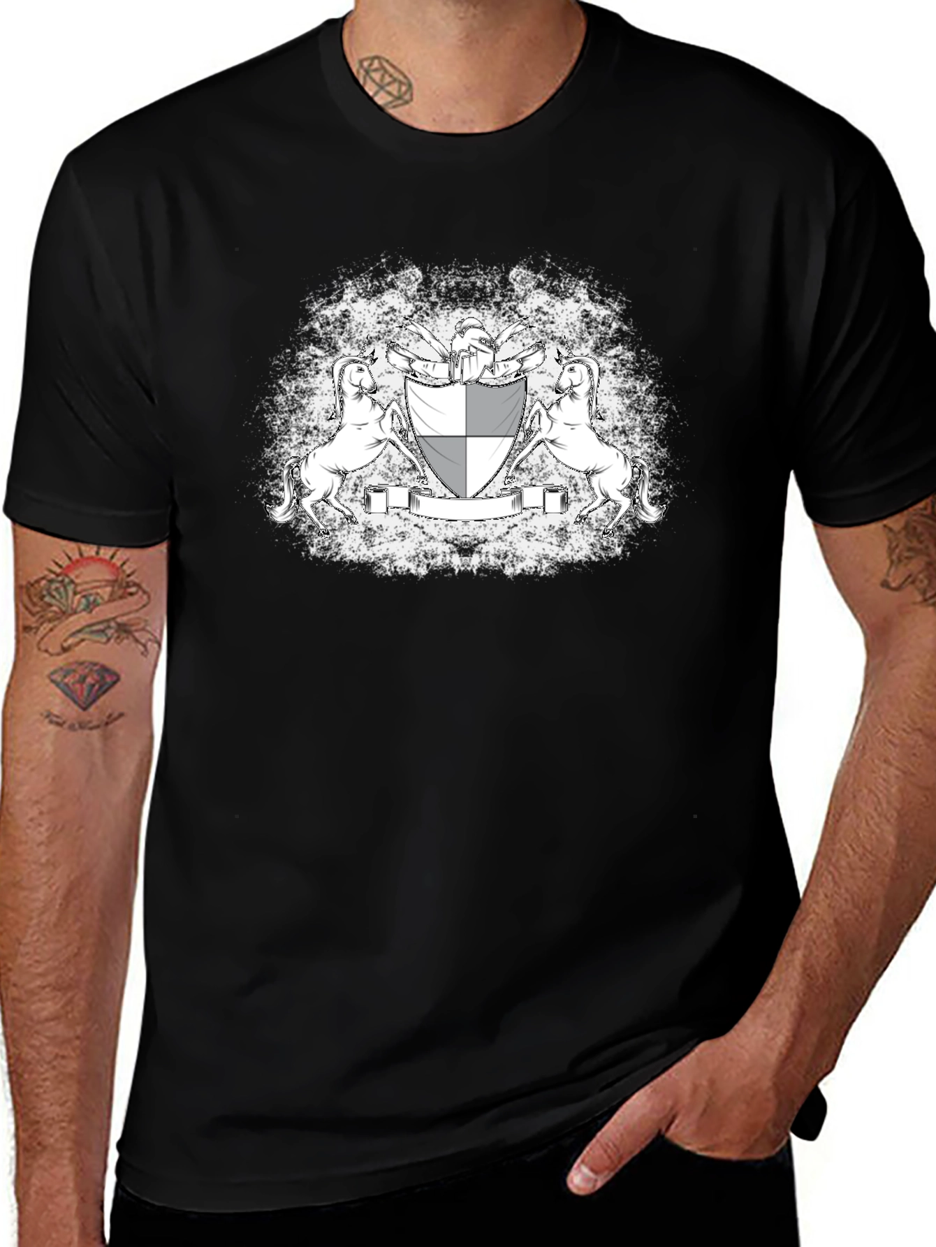 Black Graphic Tee: Unicorn Crest Design