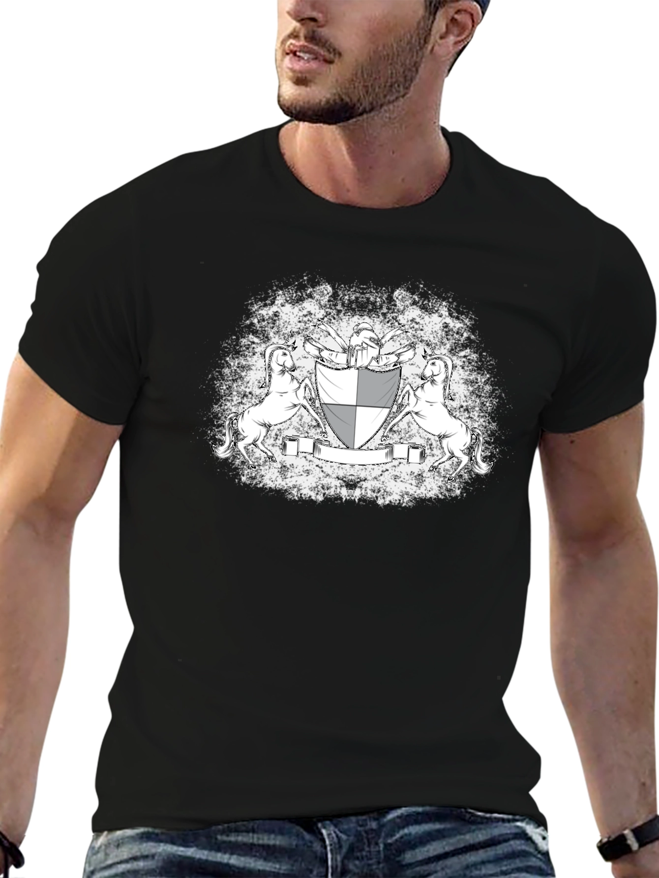 Black Graphic Tee: Unicorn Crest Design