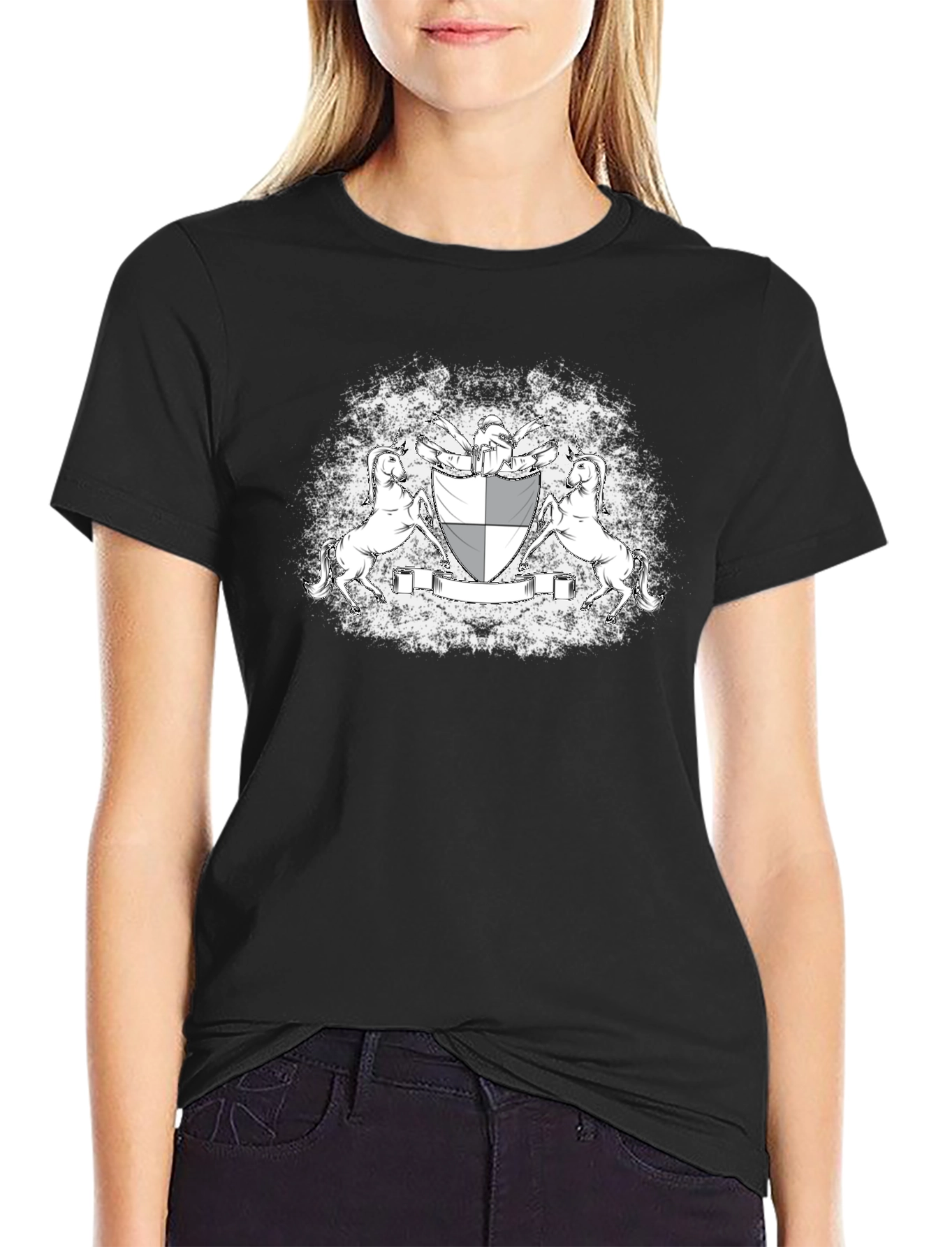 Black Graphic Tee: Unicorn Crest Design