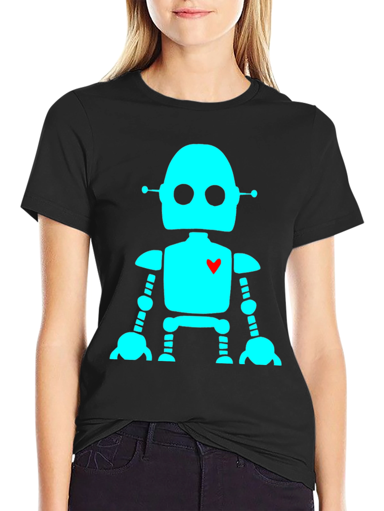 Robot with Heart T-Shirt - Black Short Sleeve